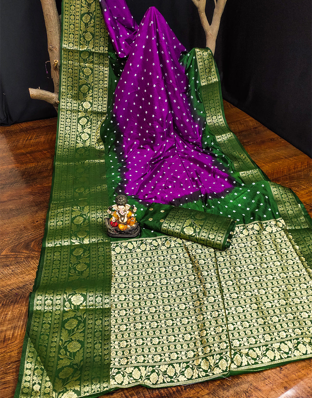 Dark Violet Bandhej Silk Saree With Zari Weaving Work