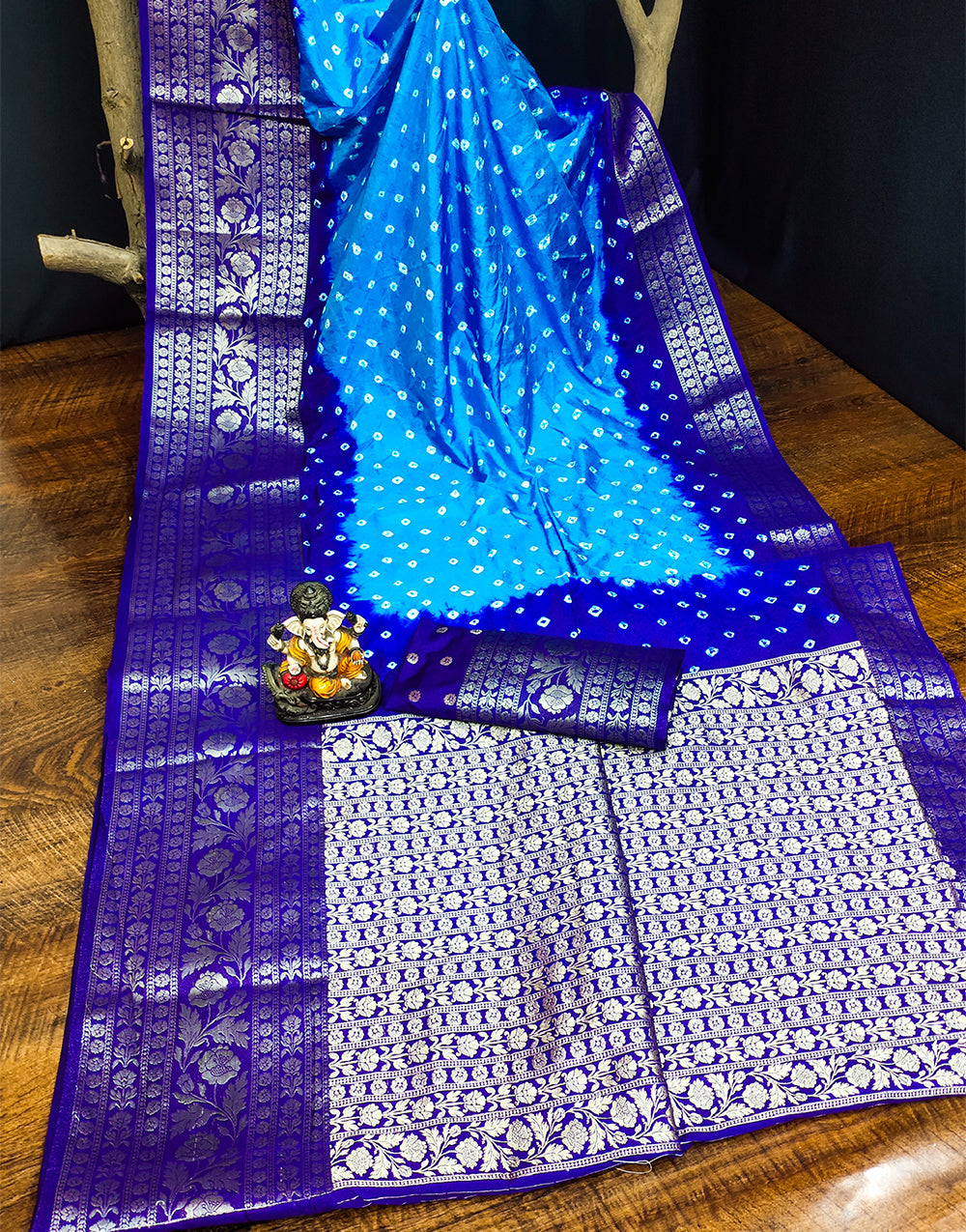 Azure Blue Bandhani Saree With Zari Weaving Work