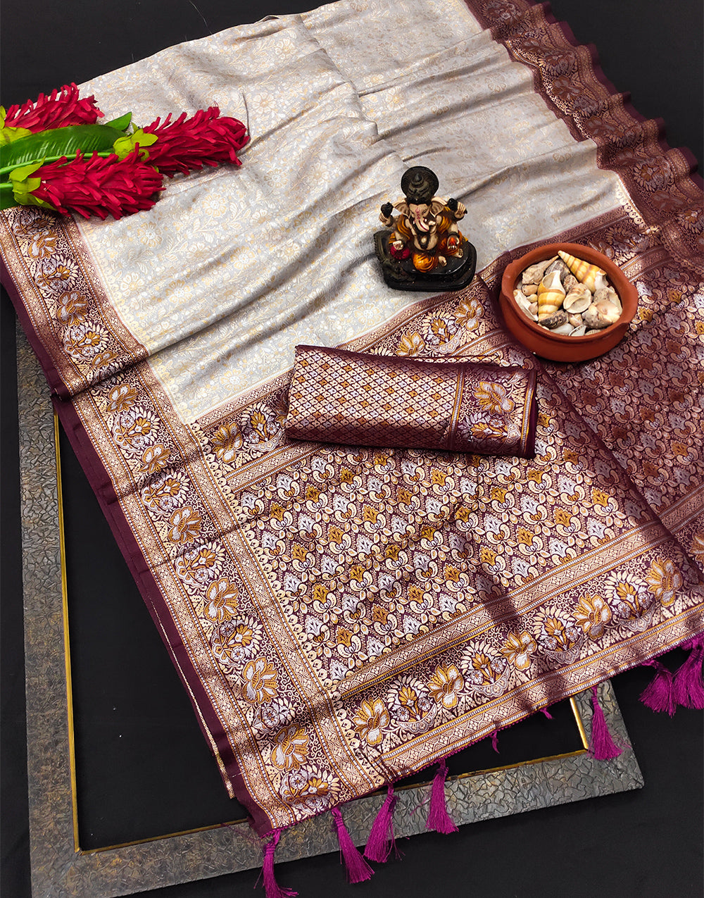 Dark Wine Kanjivaram Silk Saree With Zari Weaving Work