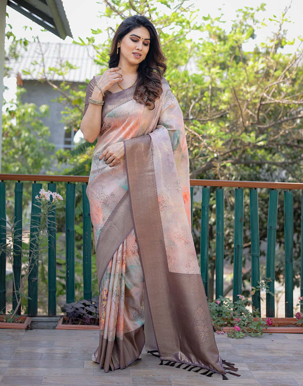 Raspberry Glace Pink Silk Saree With Printed & Weaving Work