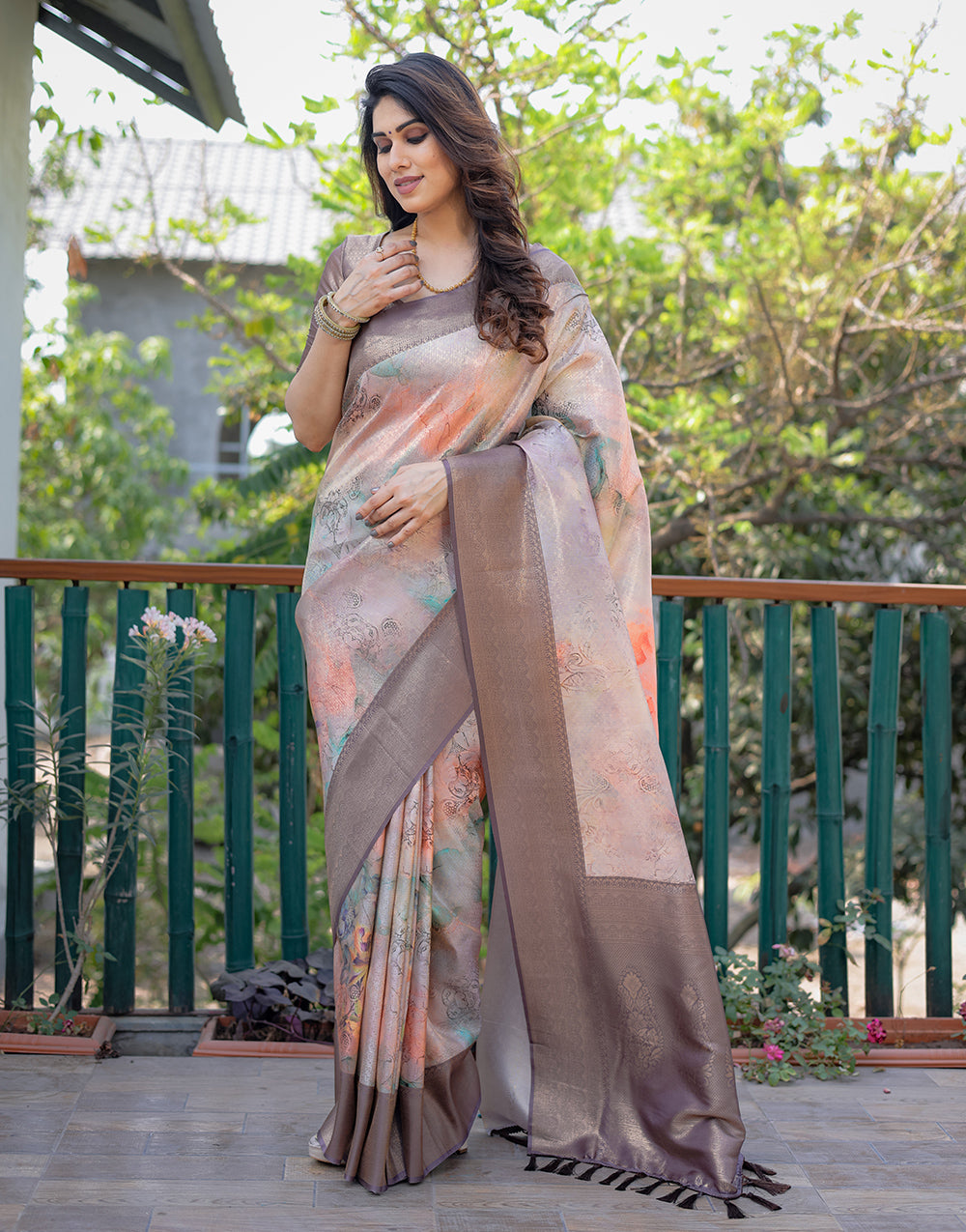 Raspberry Glace Pink Silk Saree With Printed & Weaving Work