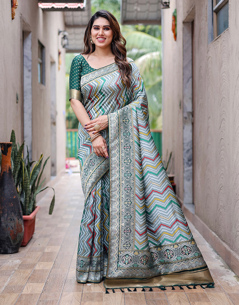Castleton Green Kanjivaram Silk Saree With Zari Weaving Work