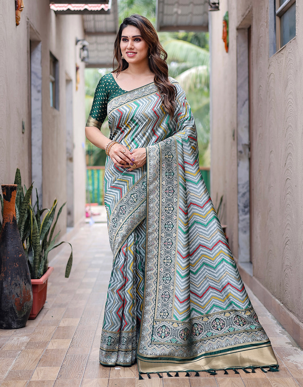 Castleton Green Kanjivaram Silk Saree With Zari Weaving Work
