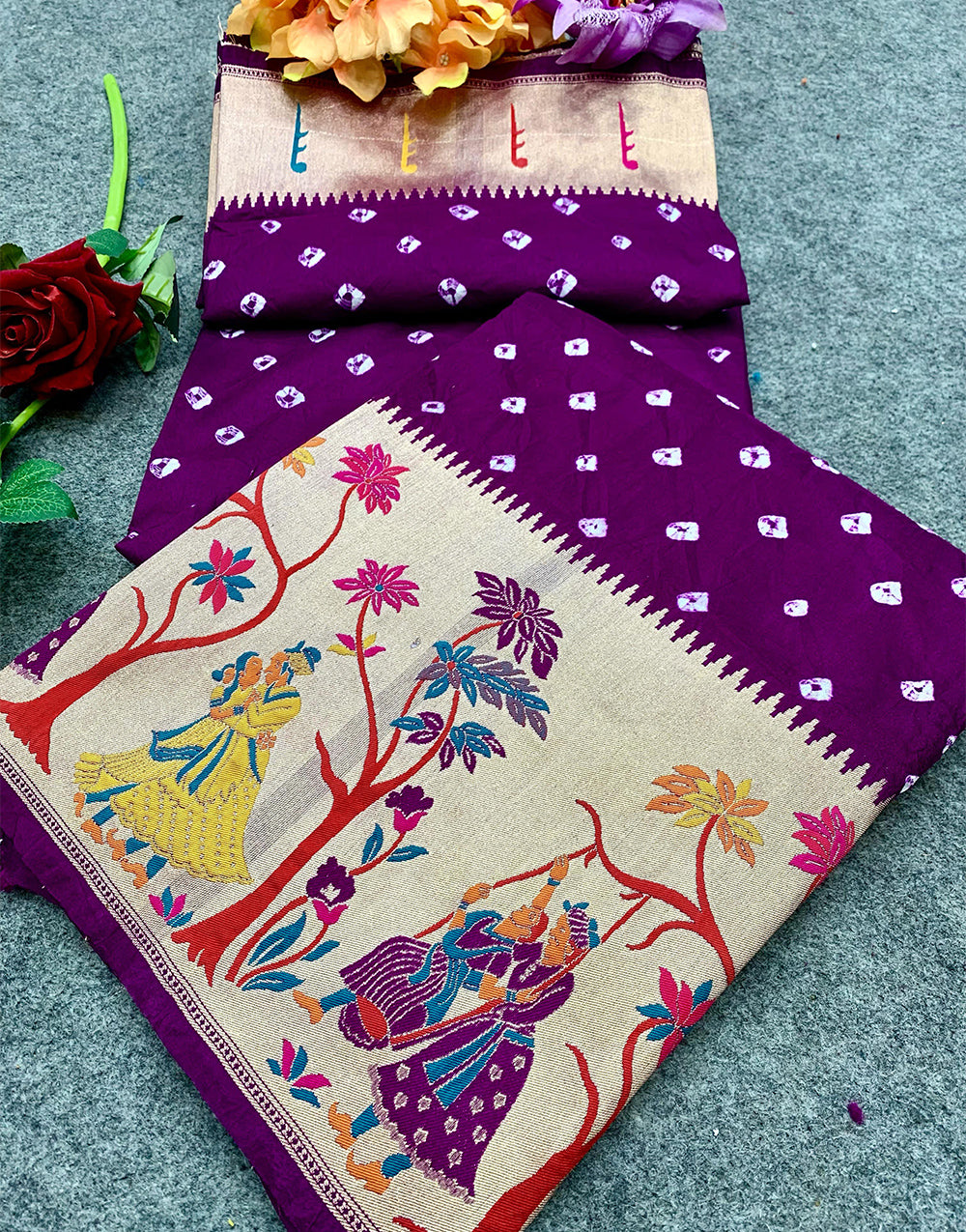 Purple Hand Bandhej Bandhani Saree With Paithani Border & Weaving Work