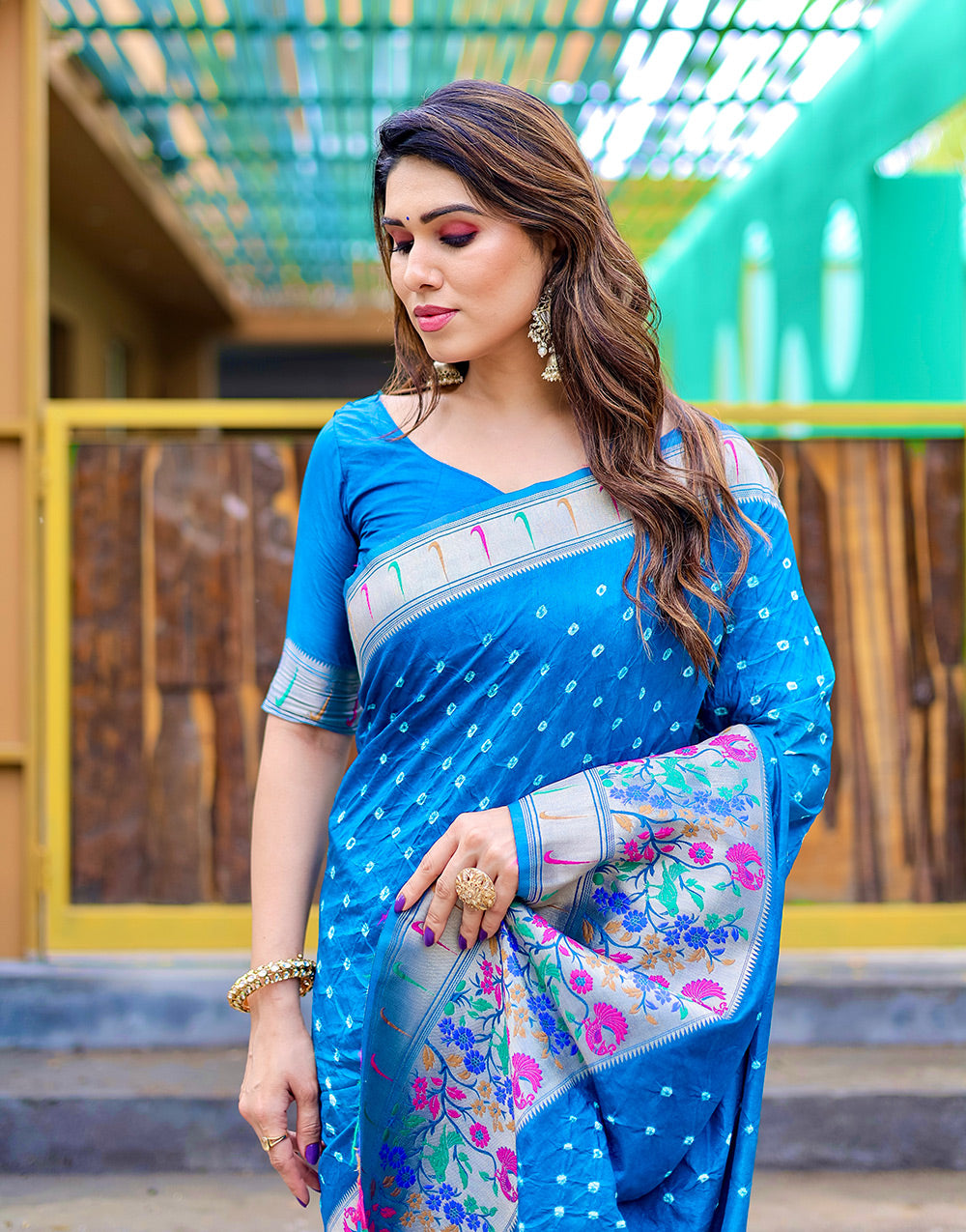 Azure Blue Paithani Silk Bandhani Saree With Zari Weaving Work