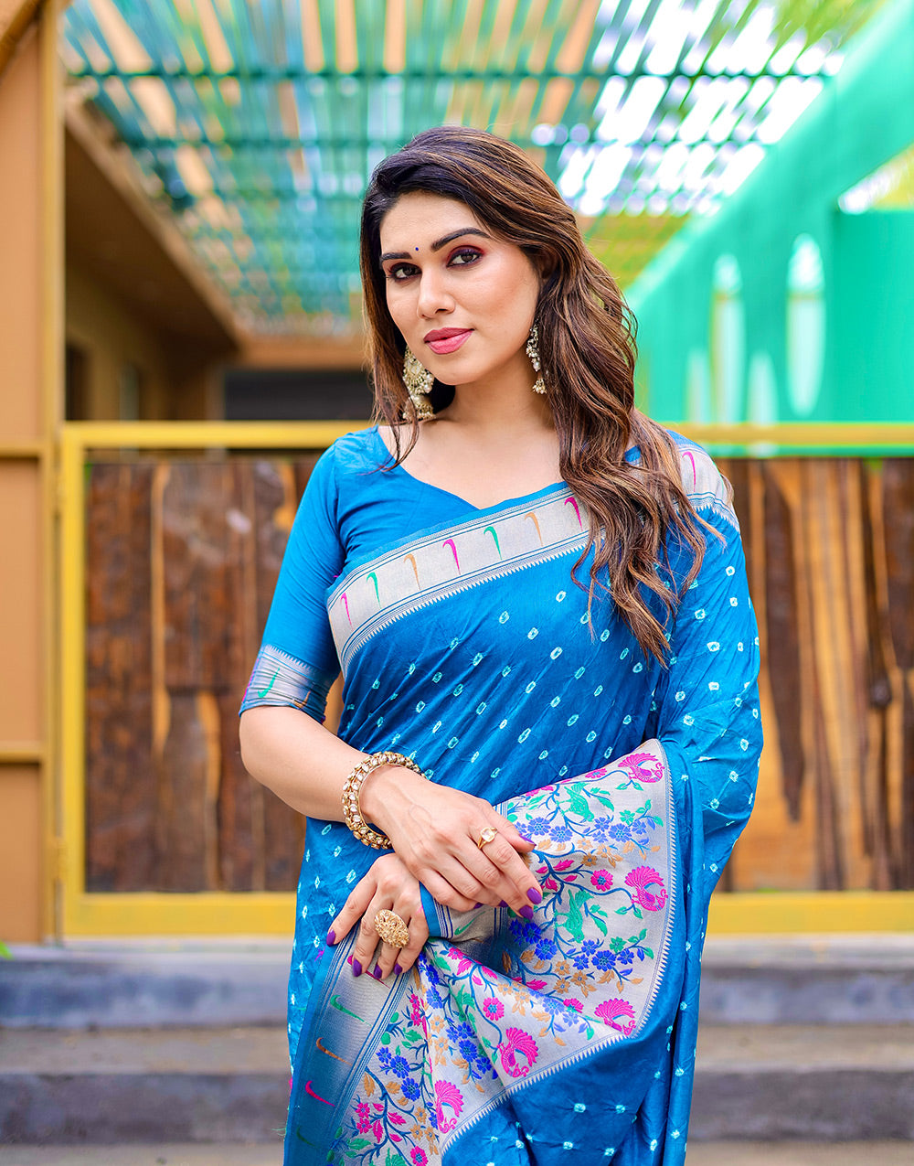 Azure Blue Paithani Silk Bandhani Saree With Zari Weaving Work