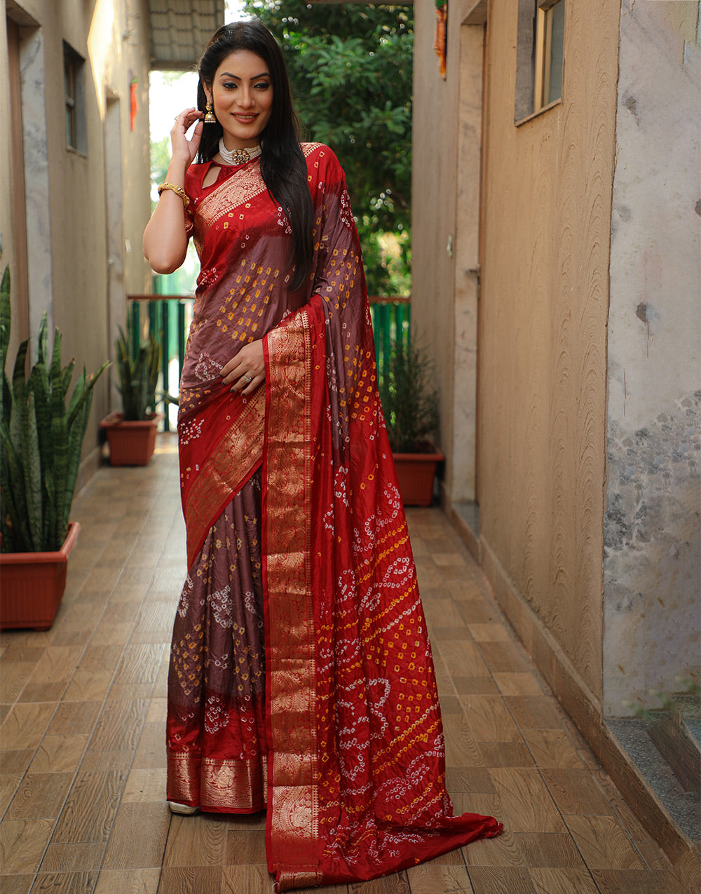 Red Brown Bandhej Silk Saree With Weaving Work