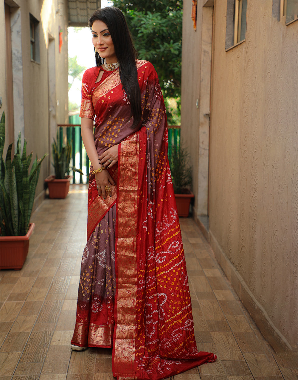 Red Brown Bandhej Silk Saree With Weaving Work