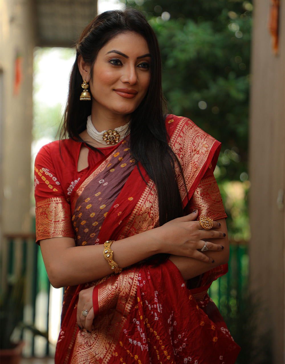 Red Brown Bandhej Silk Saree With Weaving Work