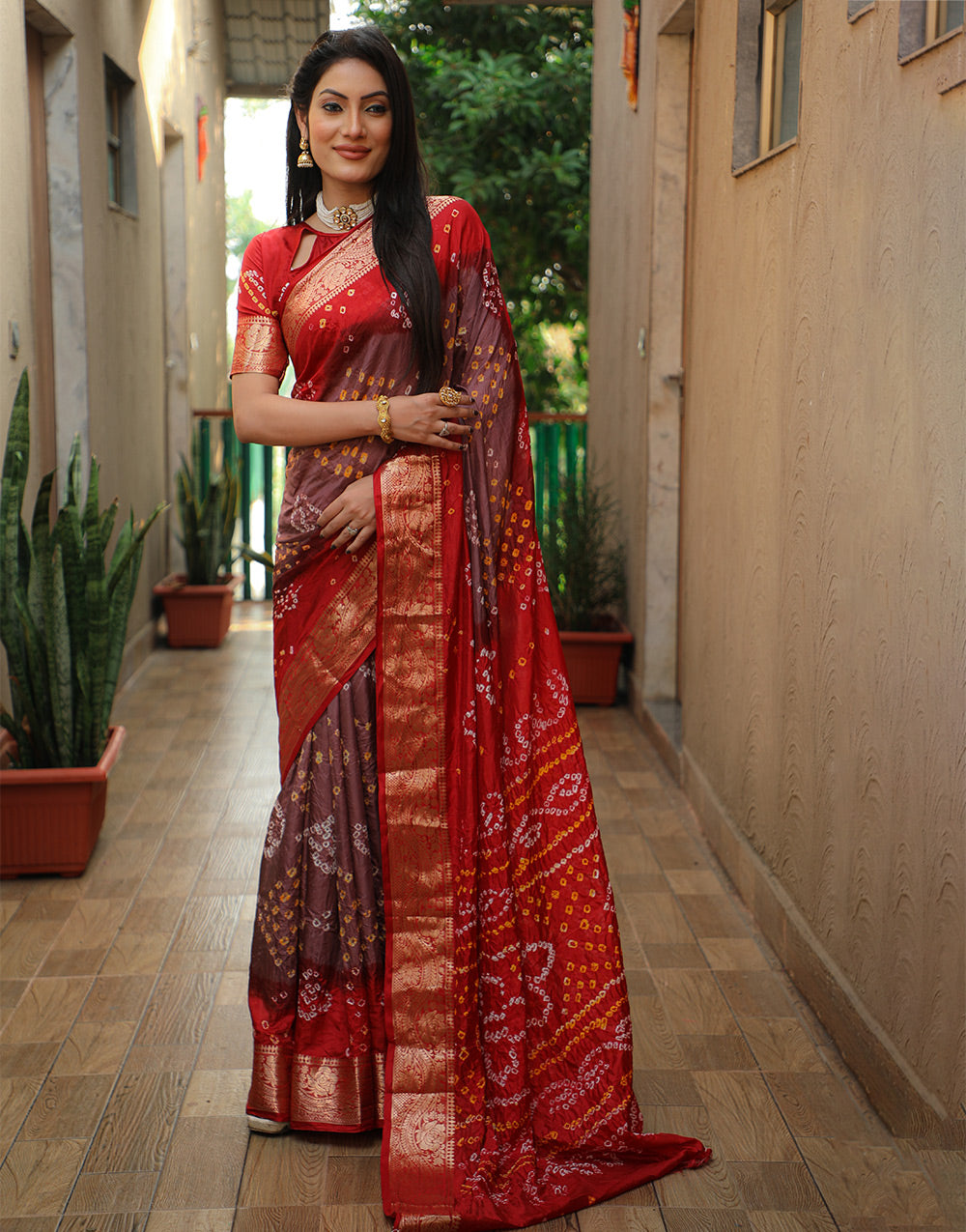Red Brown Bandhej Silk Saree With Weaving Work