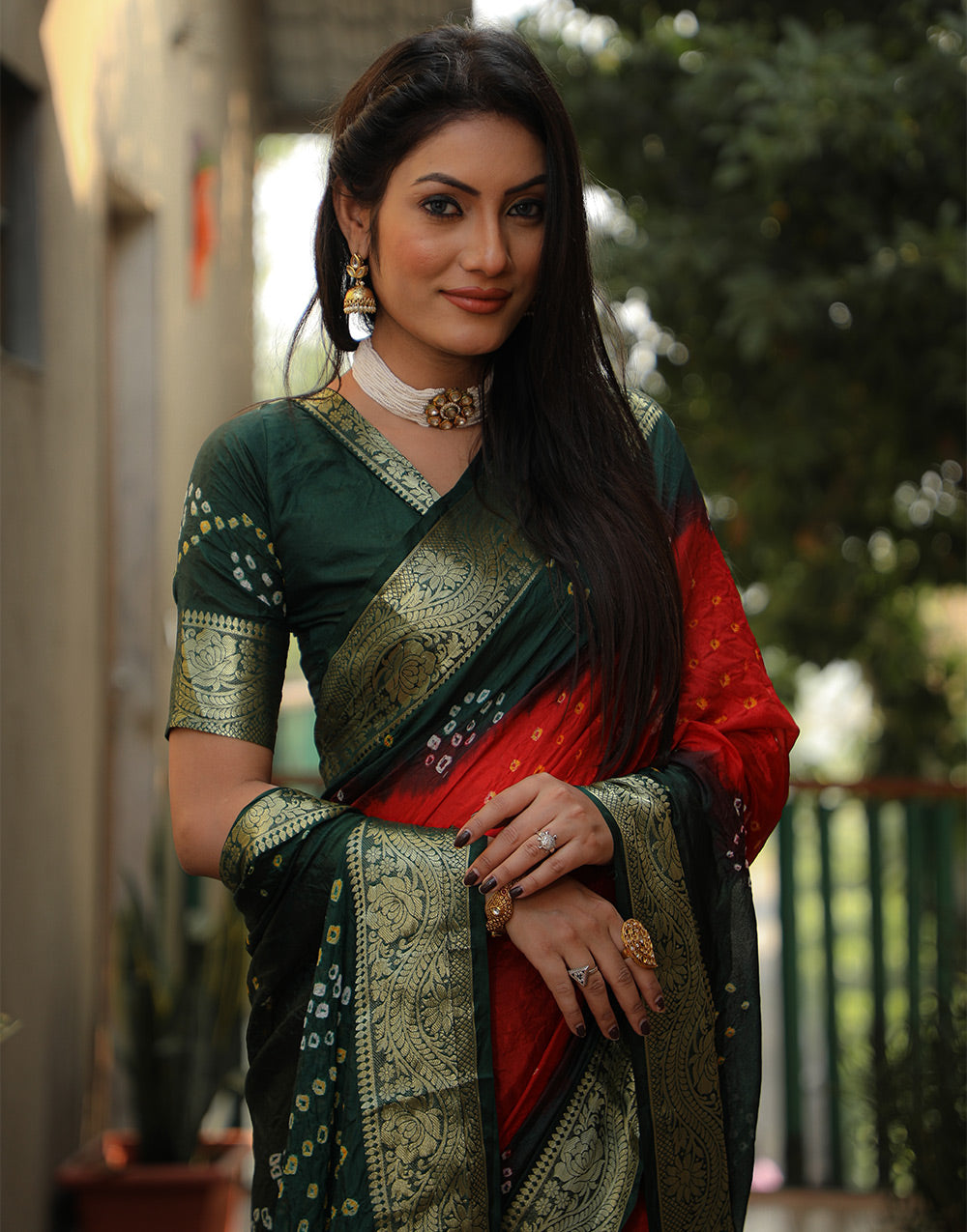 Red Green Bandhej Silk Saree With Weaving Work