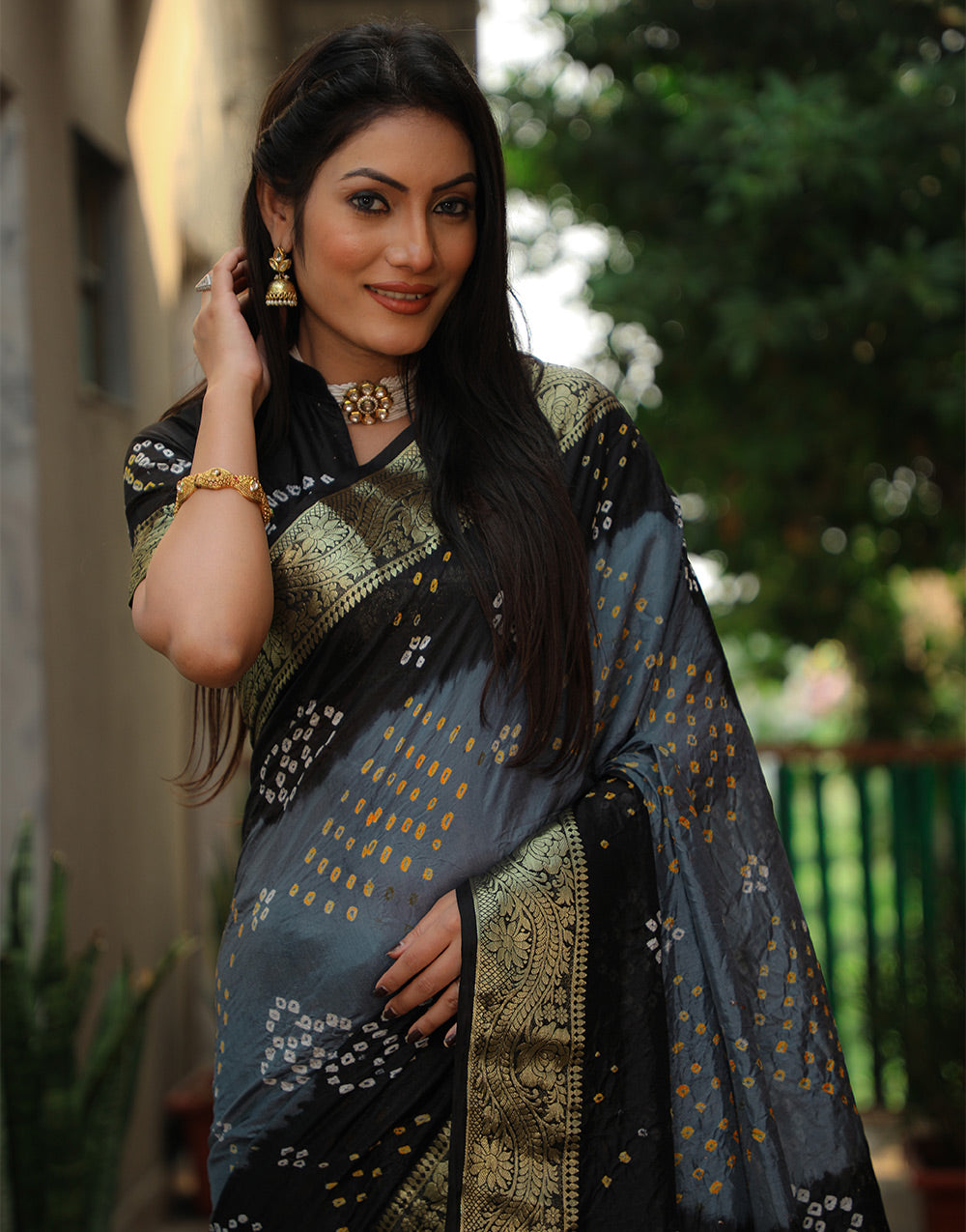Gary Black Bandhej Silk Saree With Weaving Work