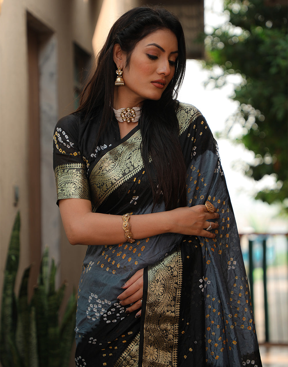 Gary Black Bandhej Silk Saree With Weaving Work