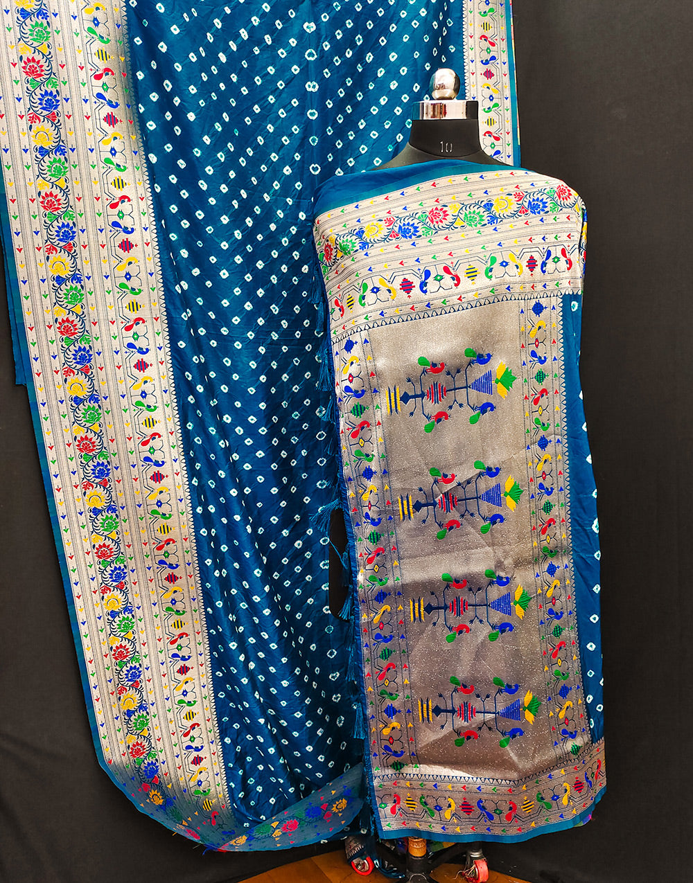 True blue Paithani Silk Bandhani Saree With Zari Weaving Work