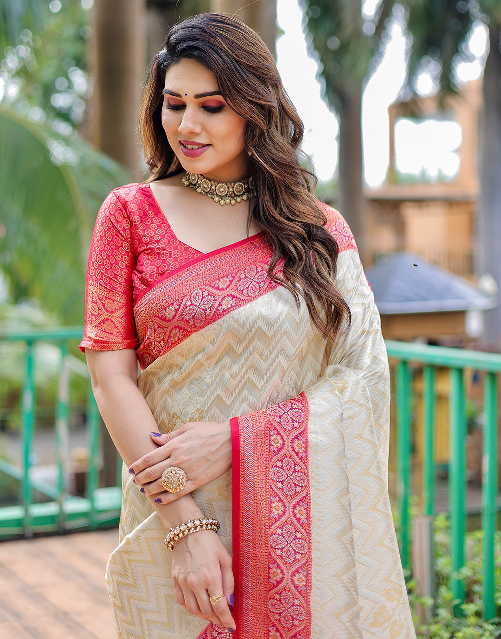 Cream Kanjivaram Silk Saree With Zari Weaving Work