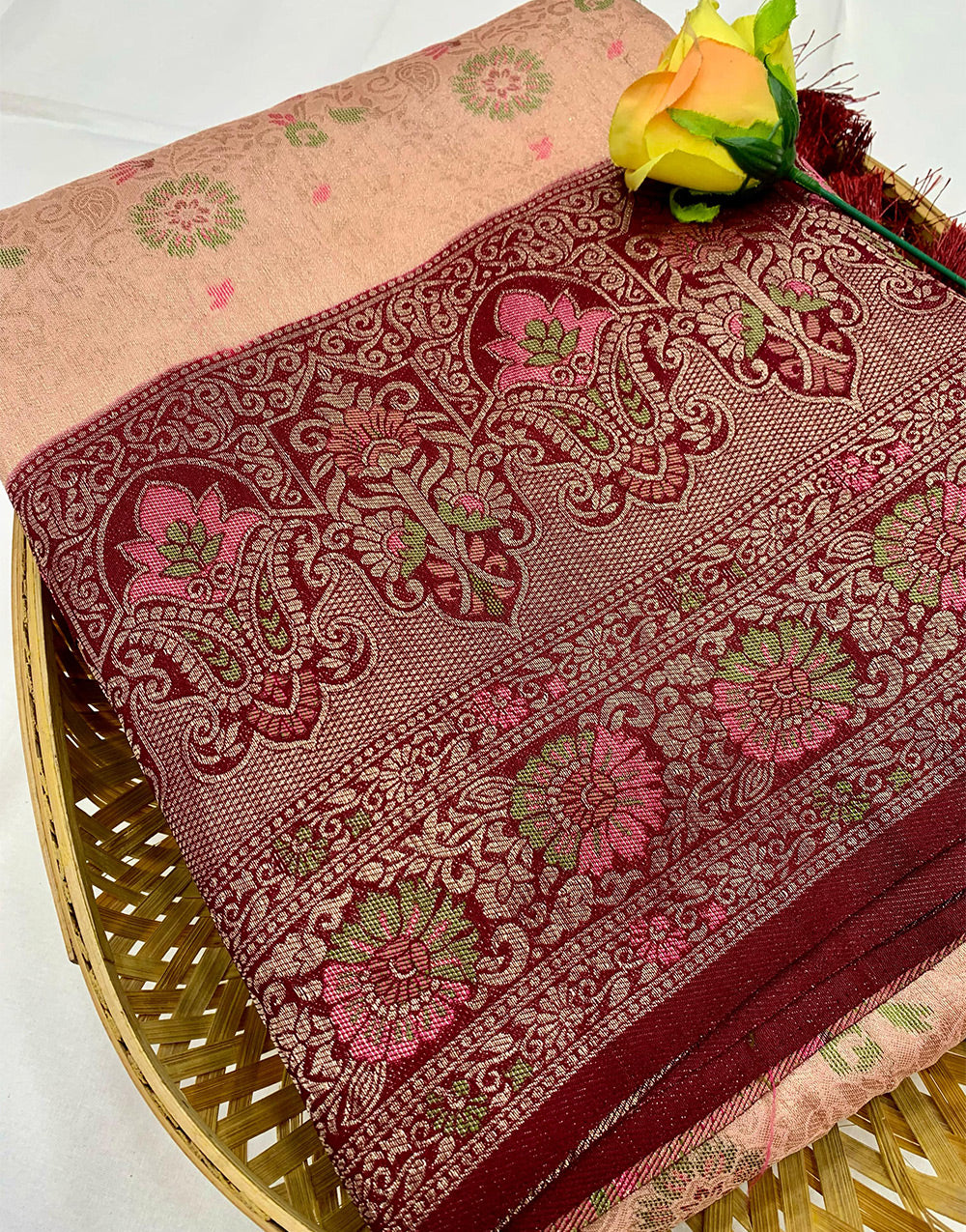Light Peach Kanjivaram Silk Saree With Weaving Work