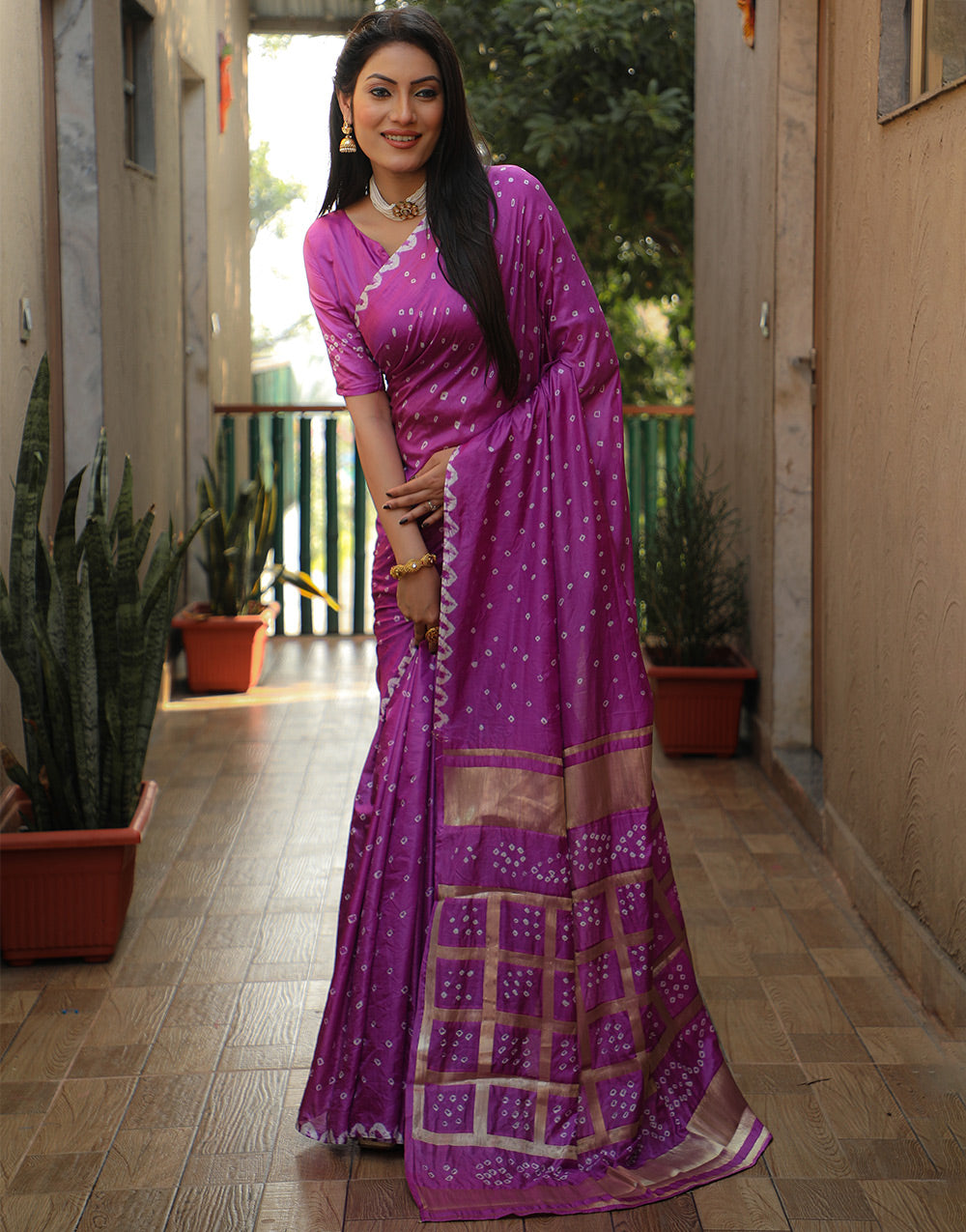 Purple Bandhani Saree With Zari Weaving Work