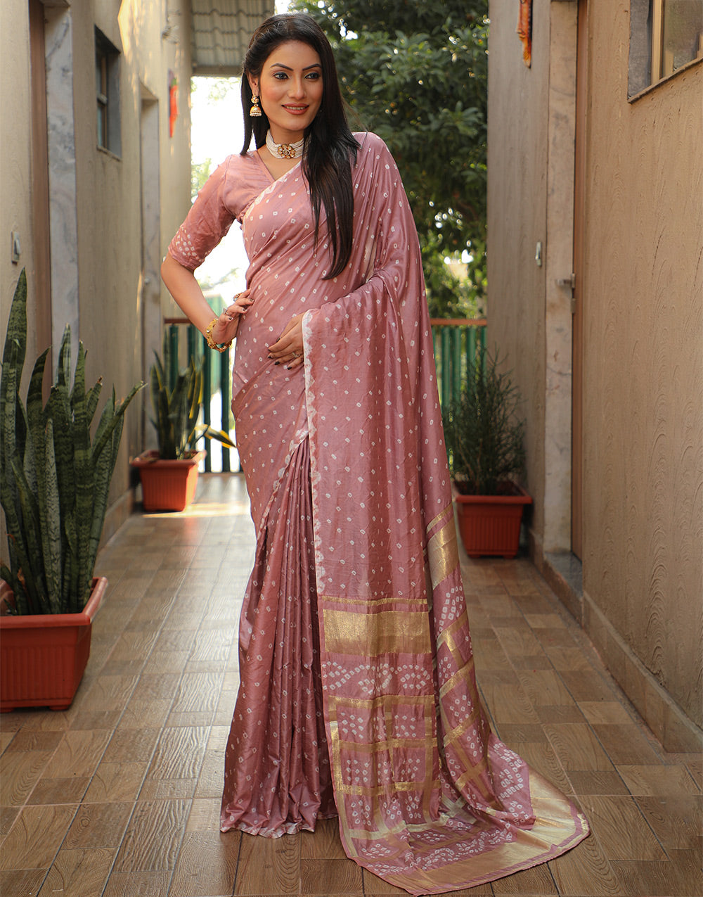 Turkish Rose Pink Bandhani Saree With Zari Weaving Work