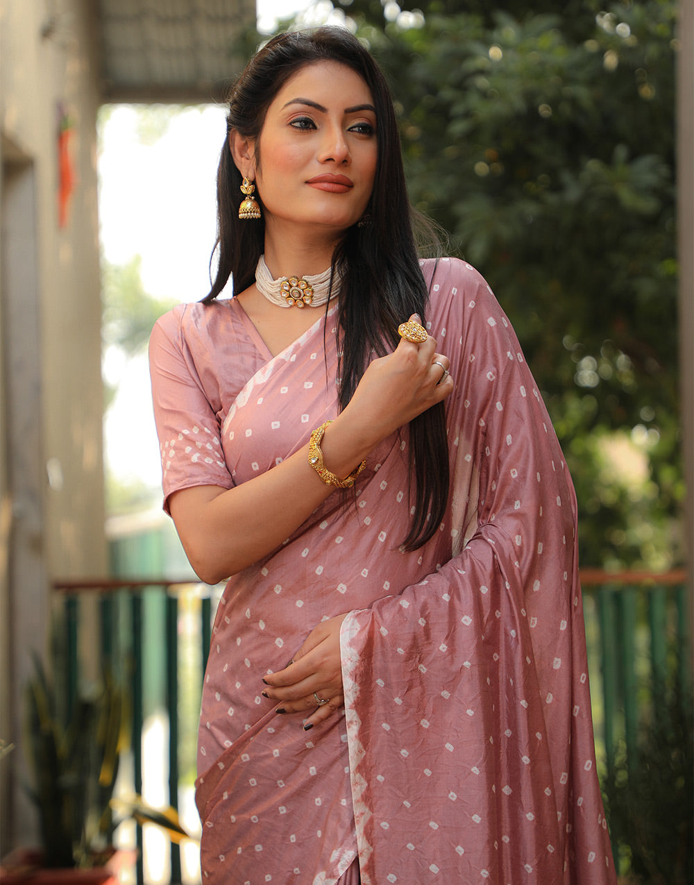 Turkish Rose Pink Bandhani Saree With Zari Weaving Work