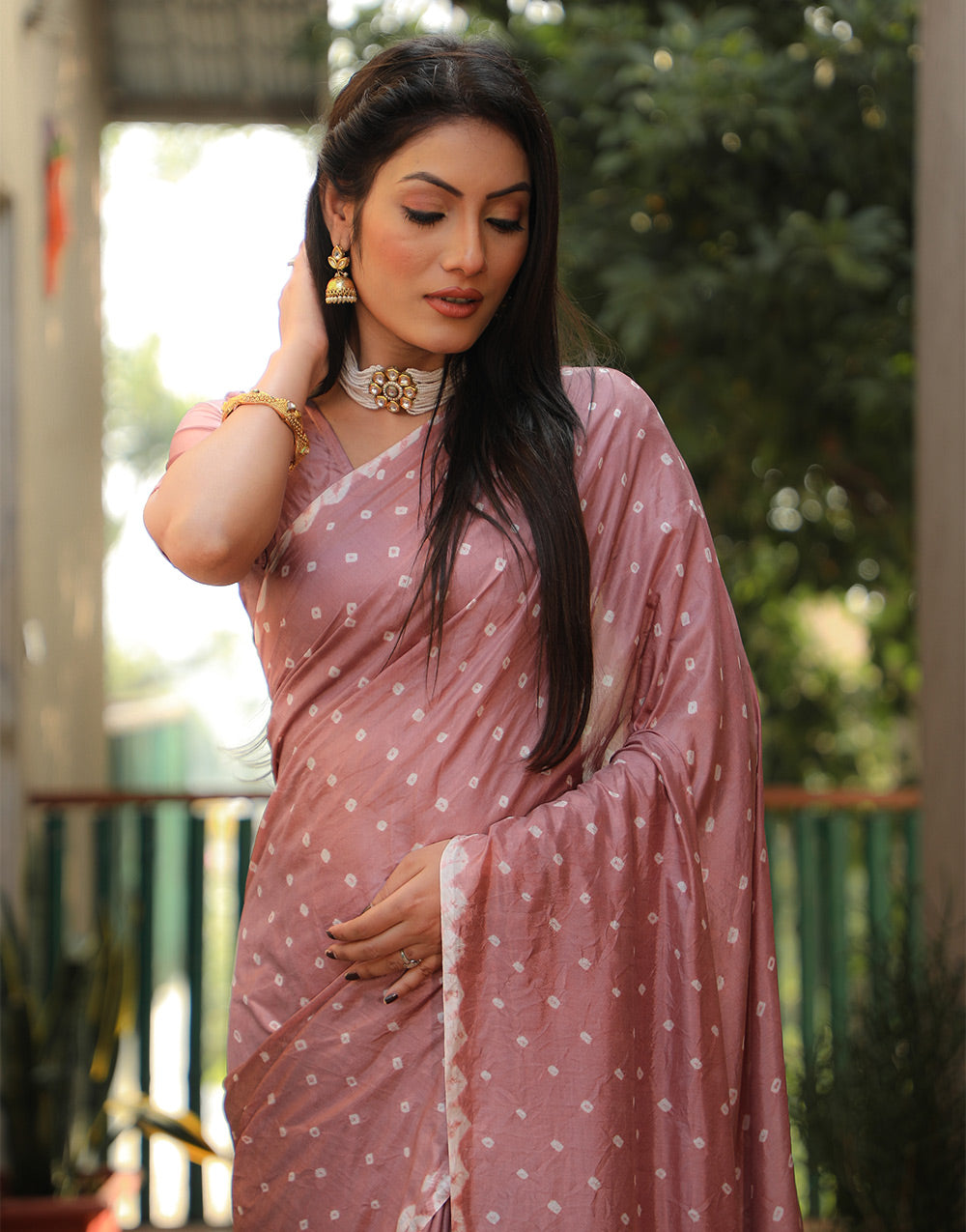 Turkish Rose Pink Bandhani Saree With Zari Weaving Work