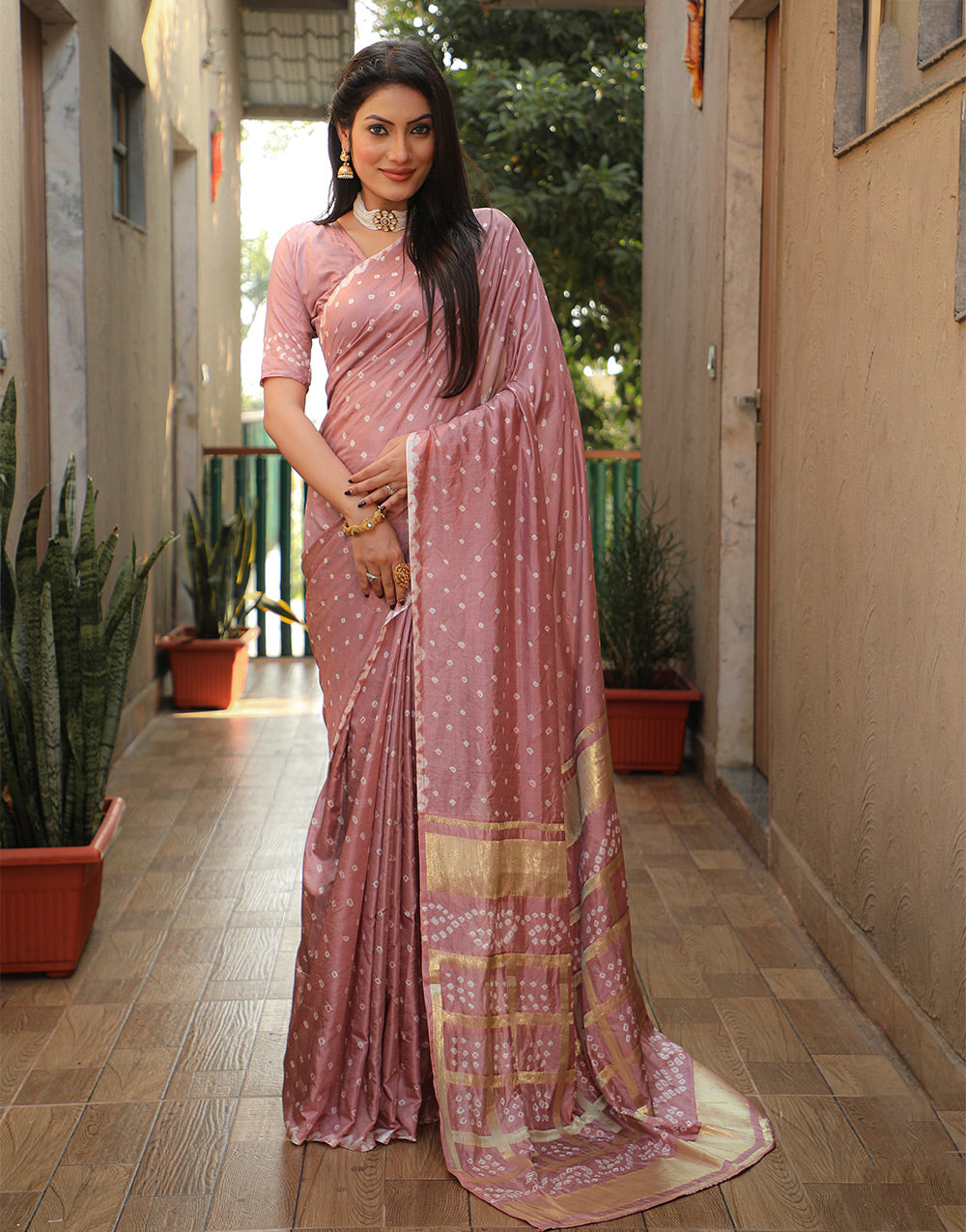Turkish Rose Pink Bandhani Saree With Zari Weaving Work