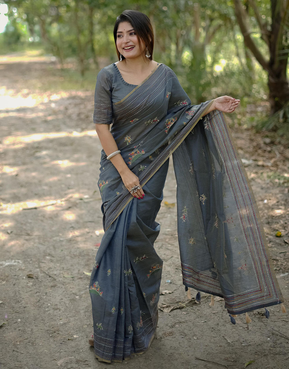 Grey Khadi Tussar Silk Saree With Thread Work