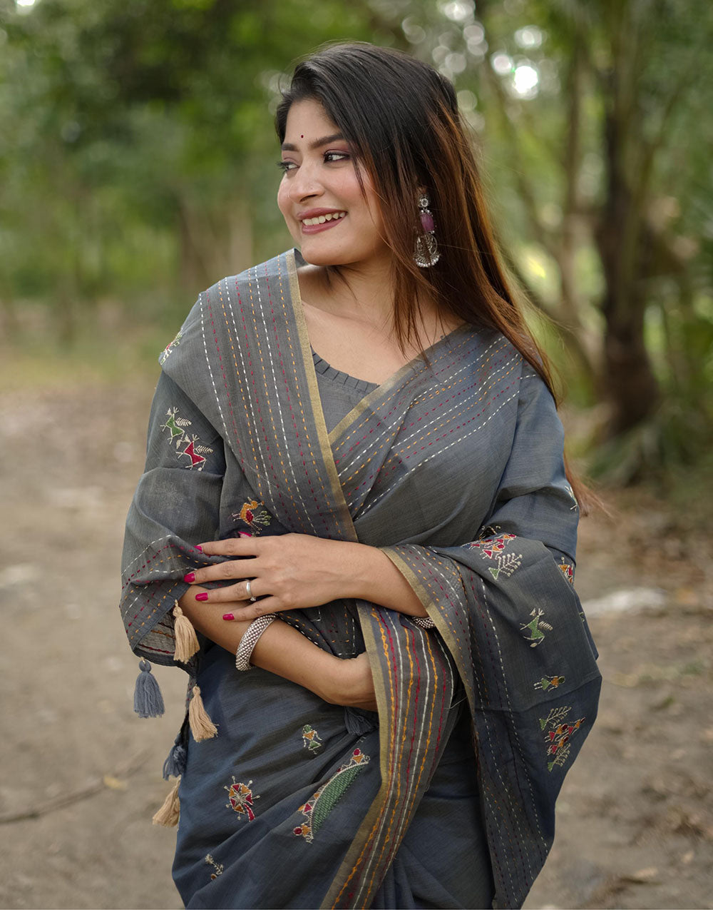 Grey Khadi Tussar Silk Saree With Thread Work
