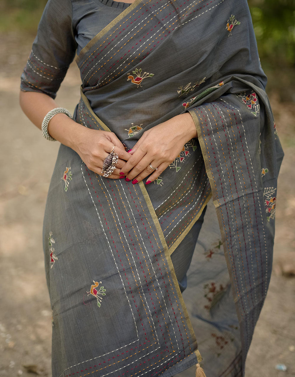 Grey Khadi Tussar Silk Saree With Thread Work