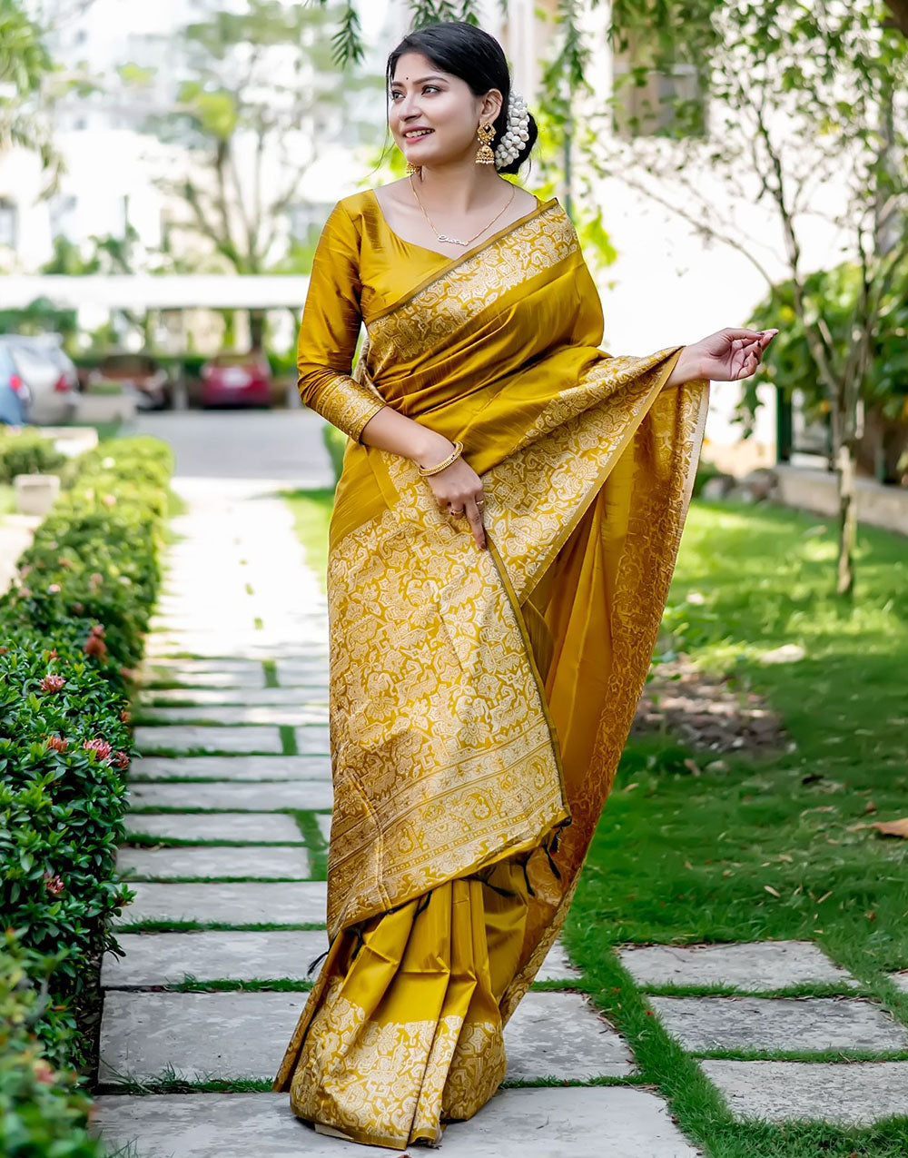 Mustard Yellow Handloom Raw Silk Saree With Weaving Work