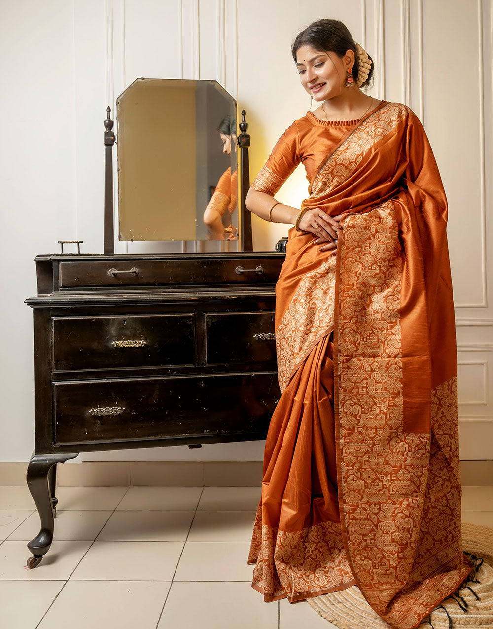 Orange Handloom Raw Silk Saree With Weaving Work
