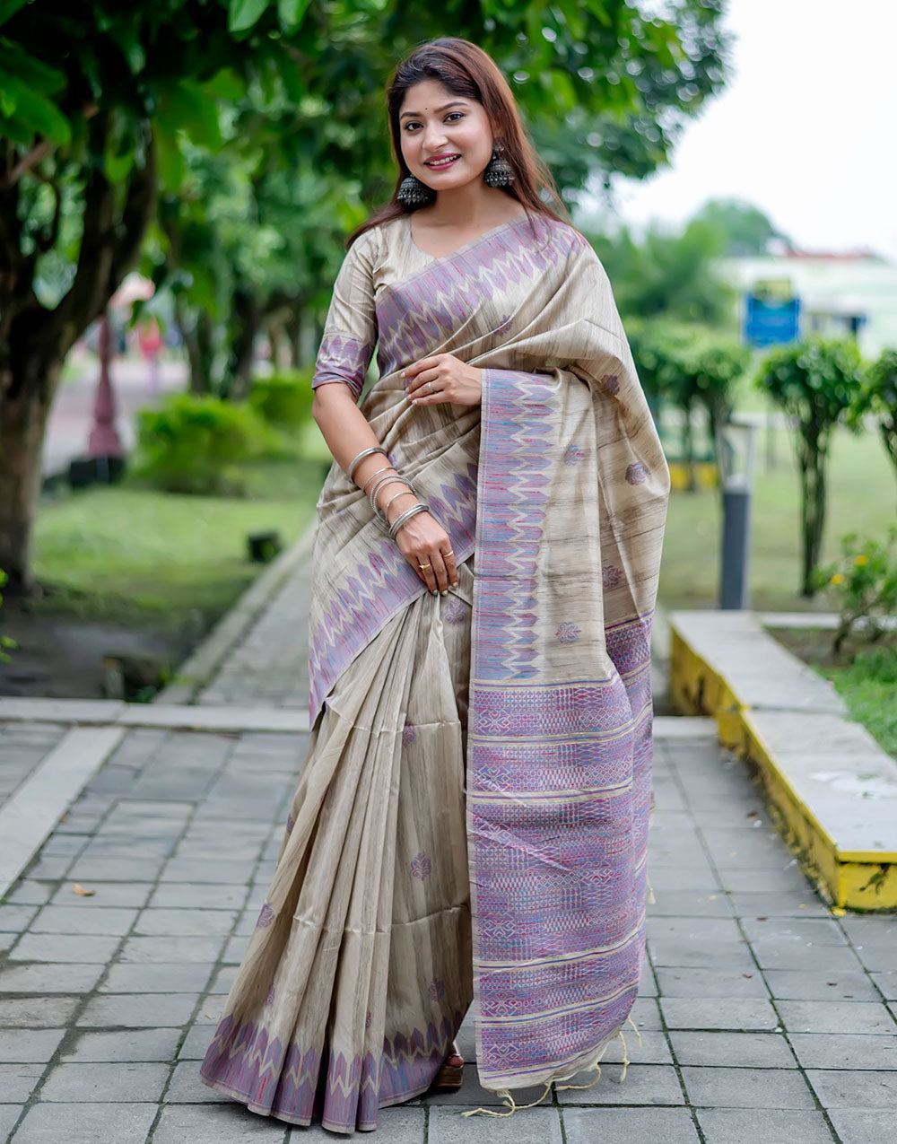 Lavender & Beige Tussar Silk Saree With Weaving Work
