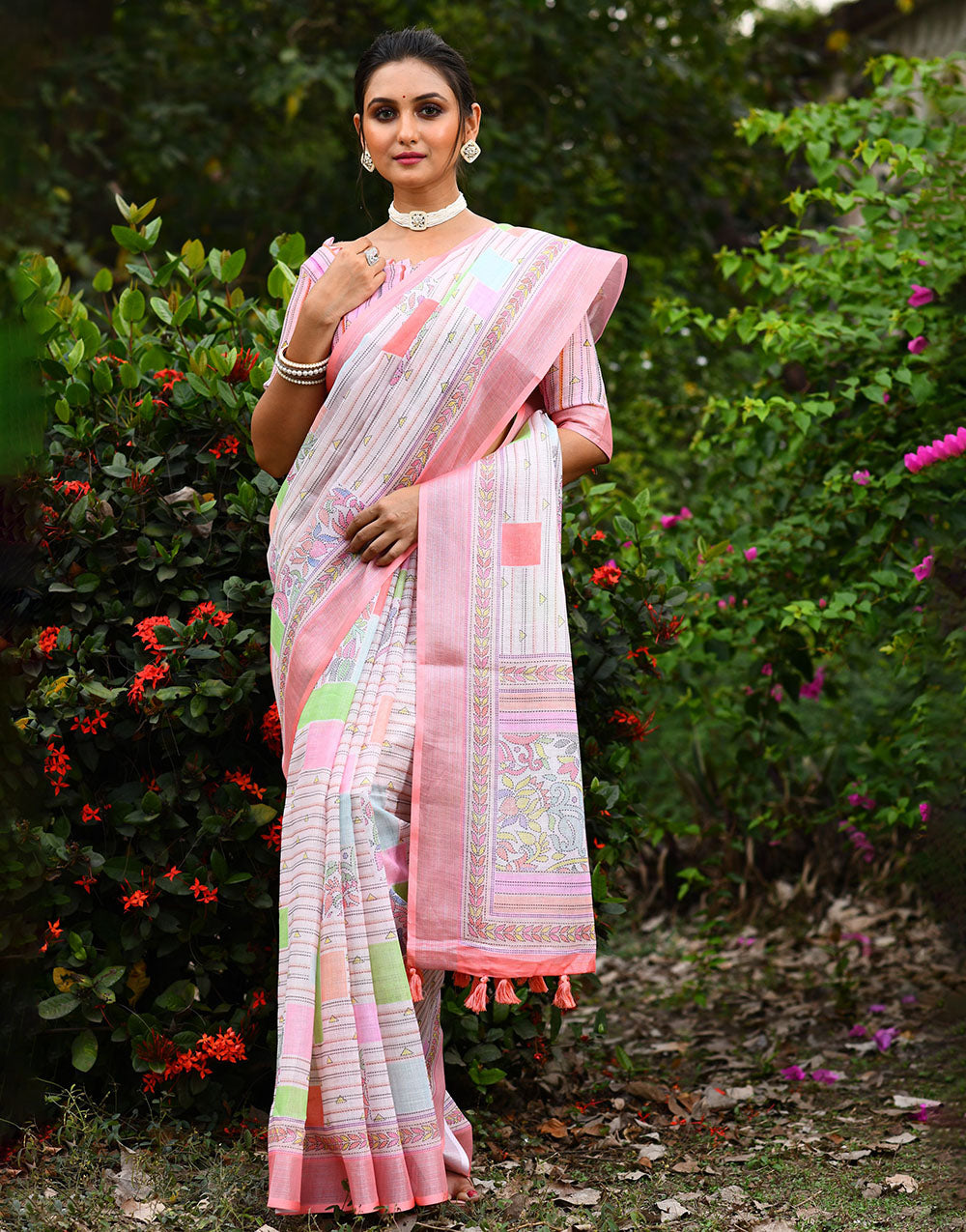 Baby Pink Soft Linen Saree With Printed Work