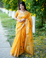 Yellow Linen Silk Saree With Zari Weaving Work
