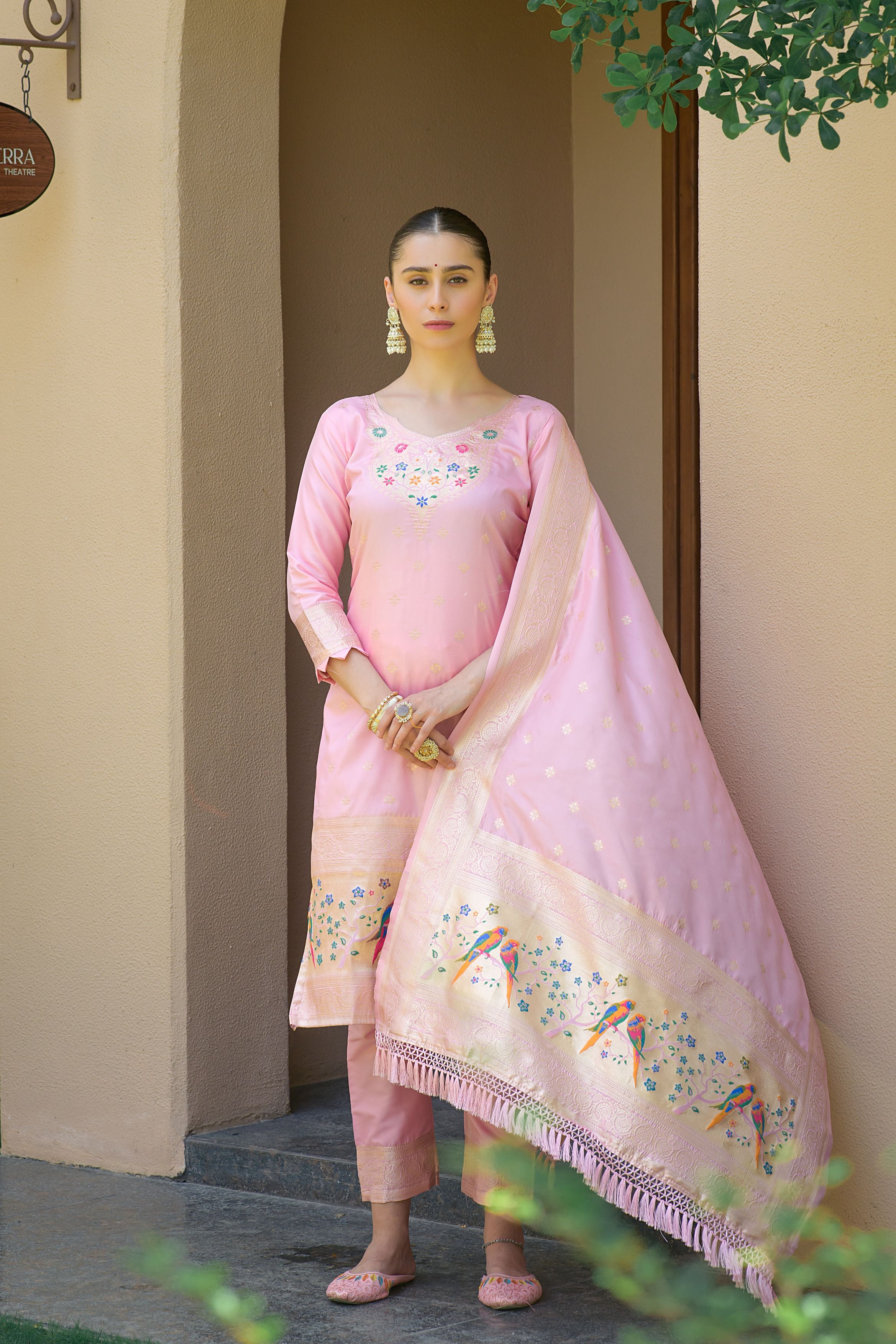 Baby Pink Paithani Silk With Zari Weaving Salwar Suit (Unstitched)