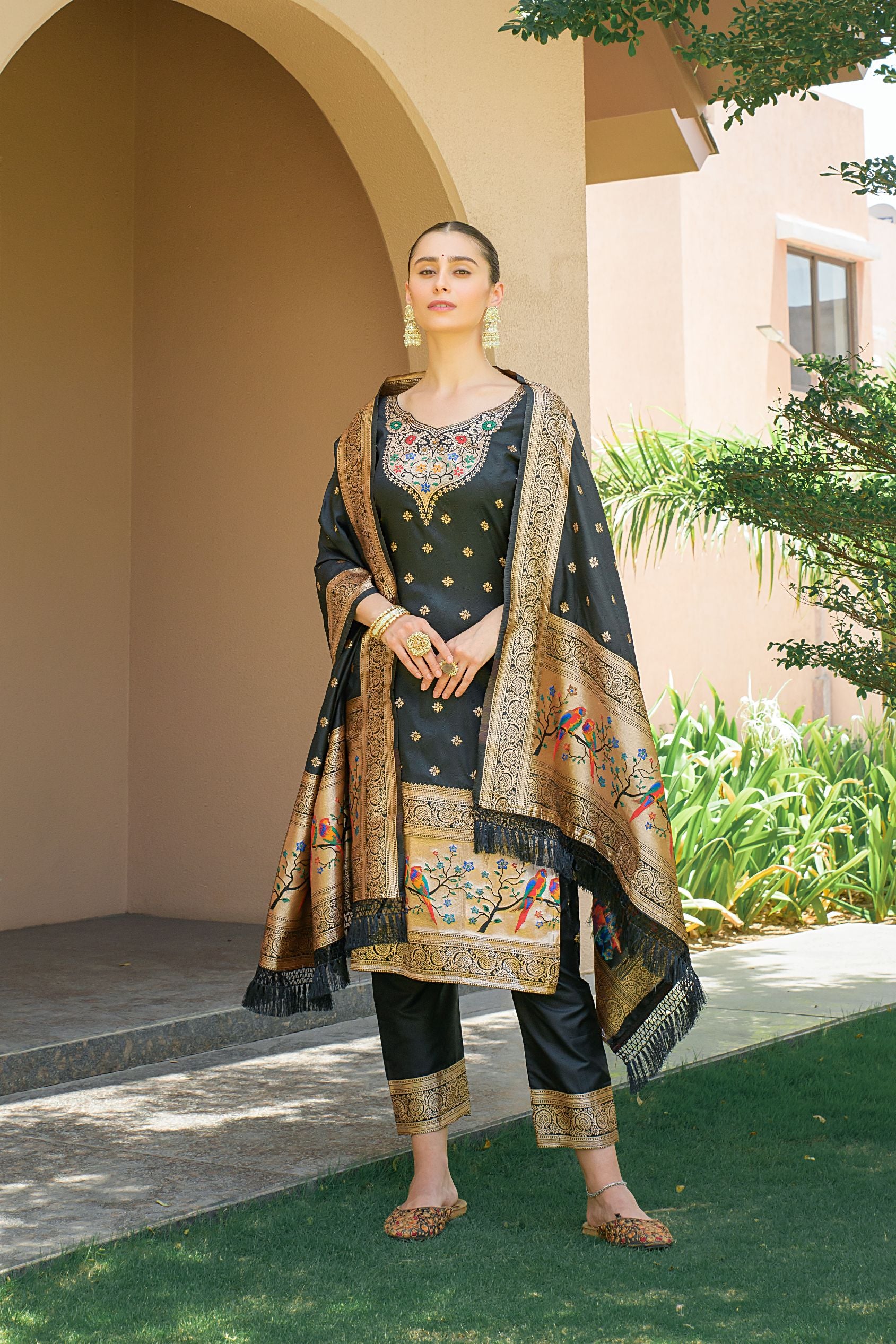 Black Paithani Silk With Zari Weaving Salwar Suit (Unstitched)