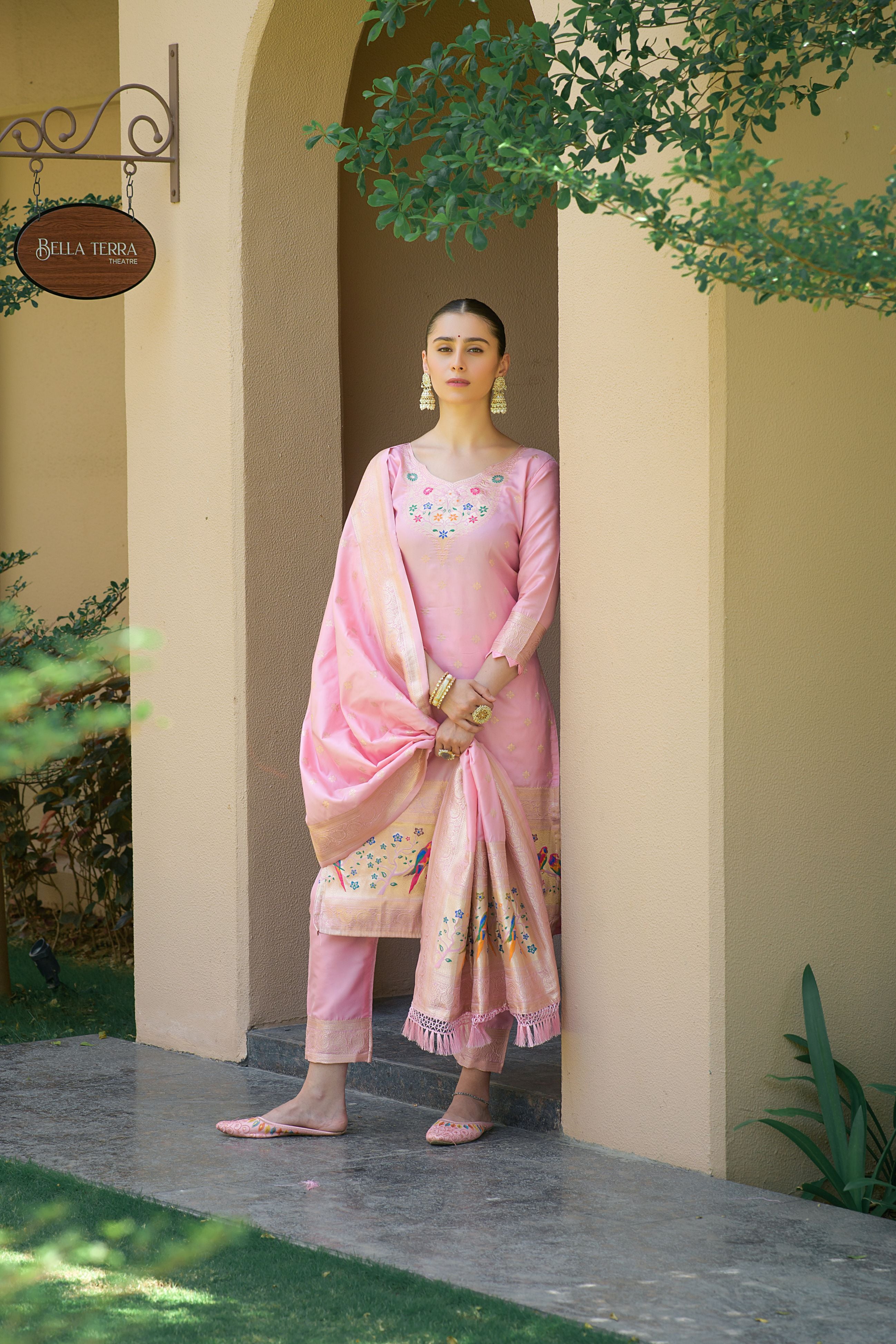 Baby Pink Paithani Silk With Zari Weaving Salwar Suit (Unstitched)