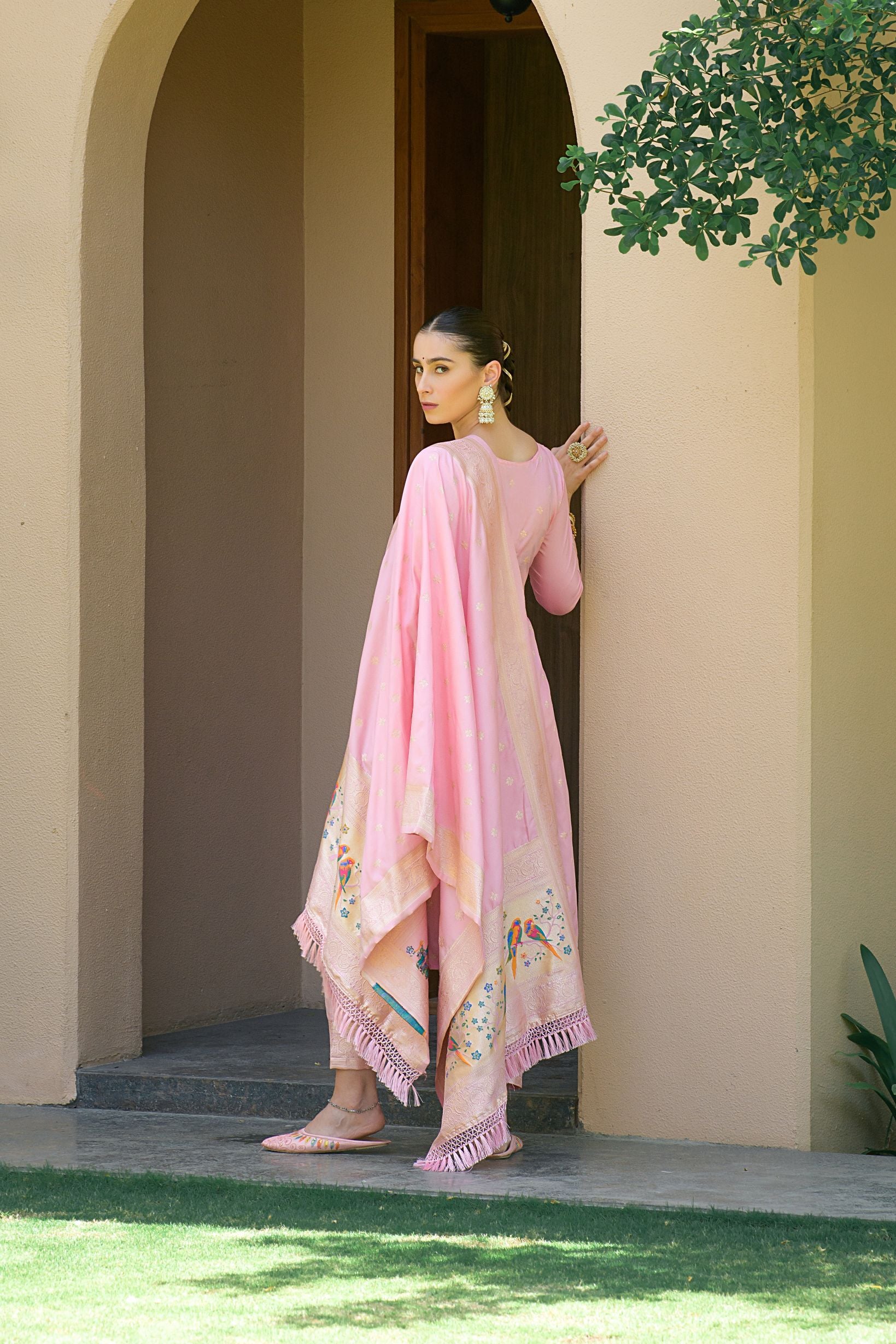 Baby Pink Paithani Silk With Zari Weaving Salwar Suit (Unstitched)