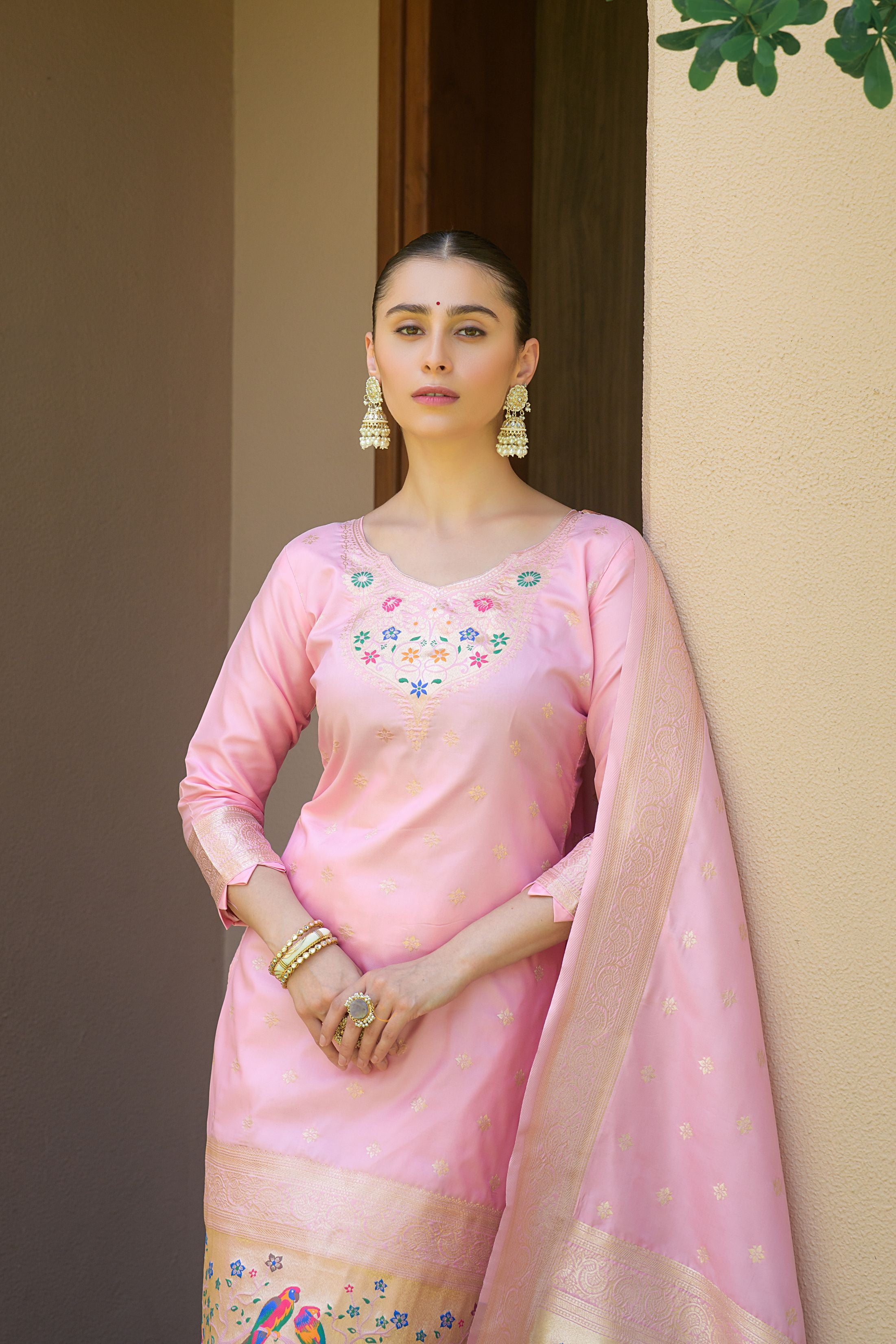 Baby Pink Paithani Silk With Zari Weaving Salwar Suit (Unstitched)