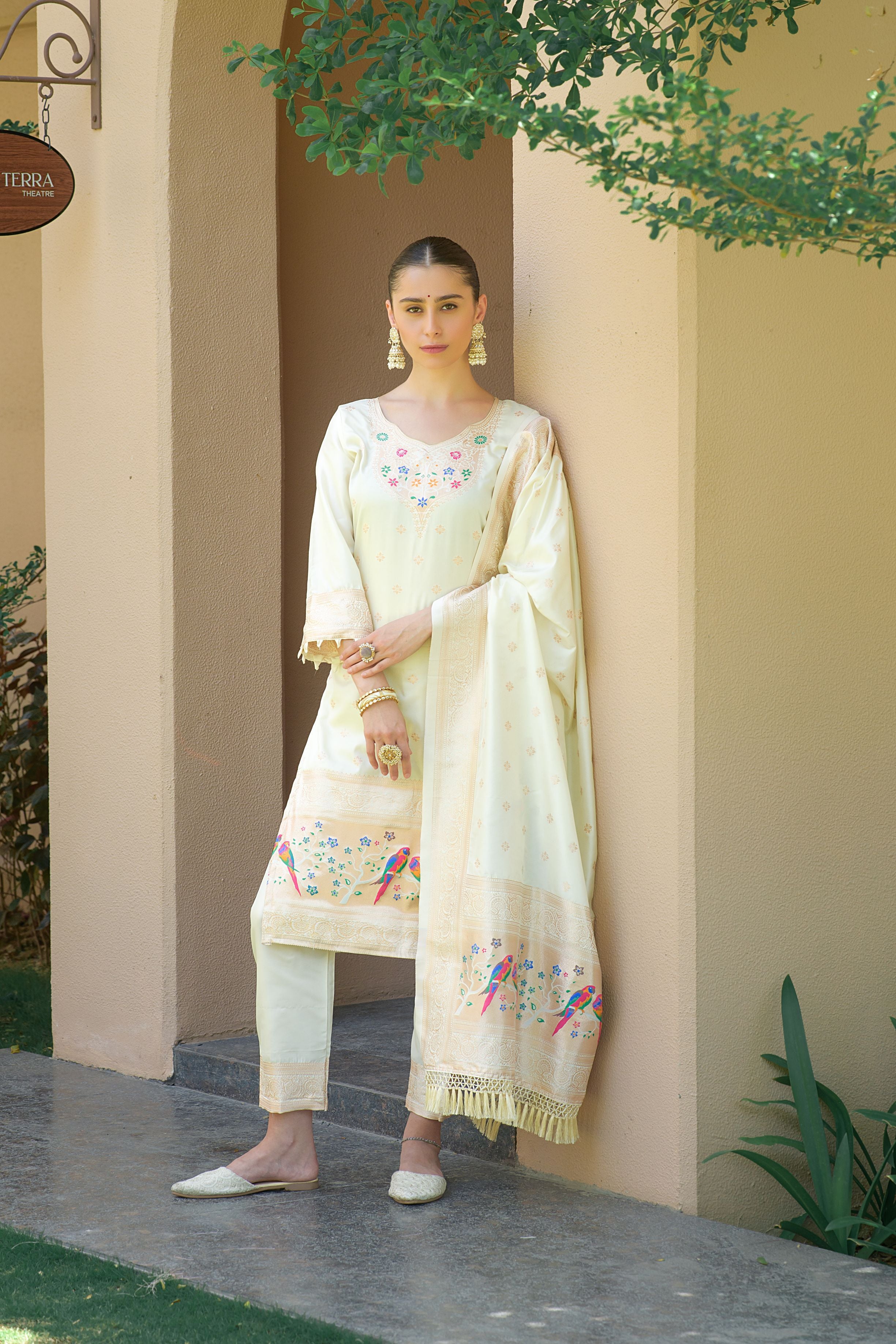 Off White Paithani Silk With Zari Weaving Salwar Suit (Unstitched)