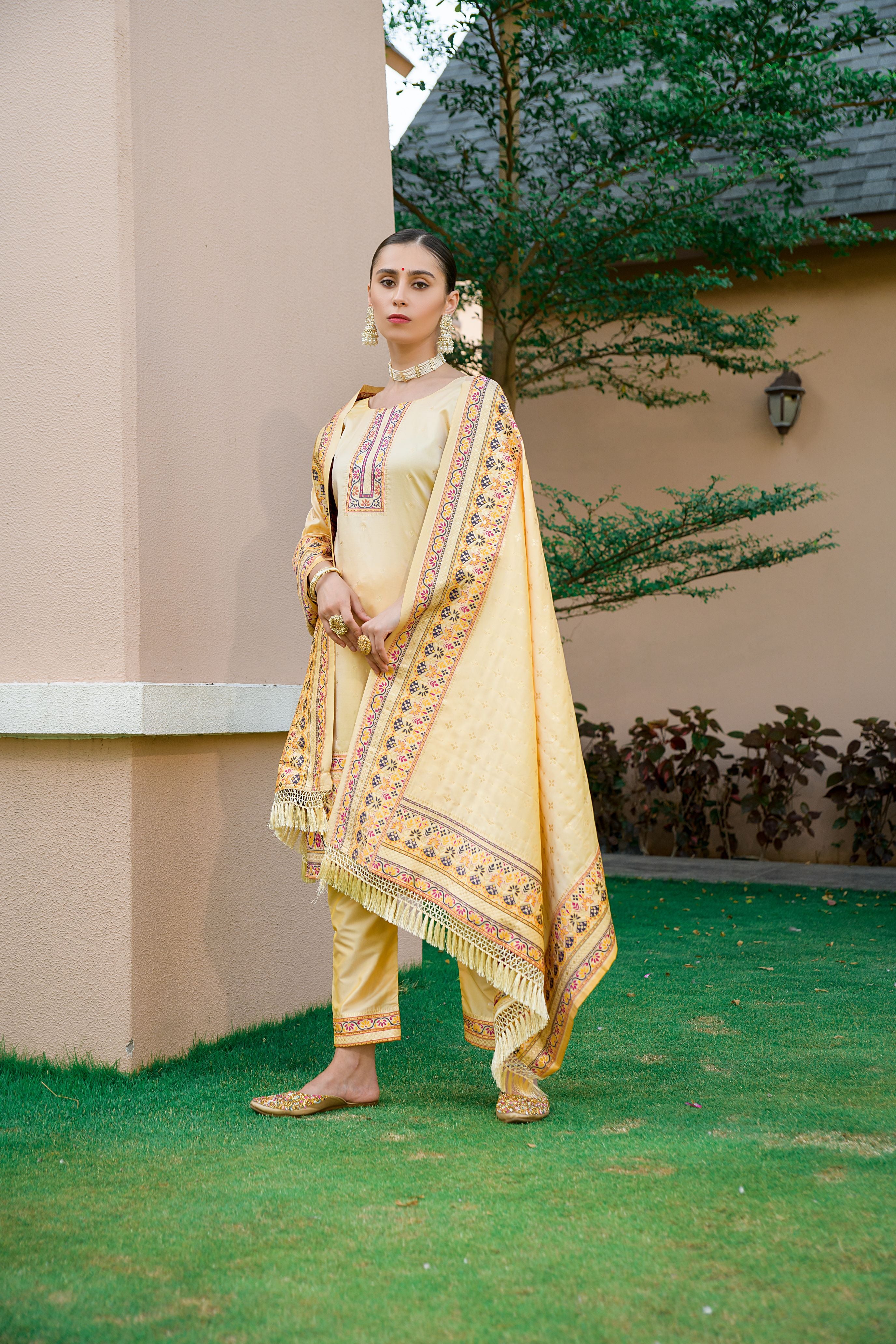 Dark Cream Silk Pashmina Work Salwar Suit ( Unstitched )