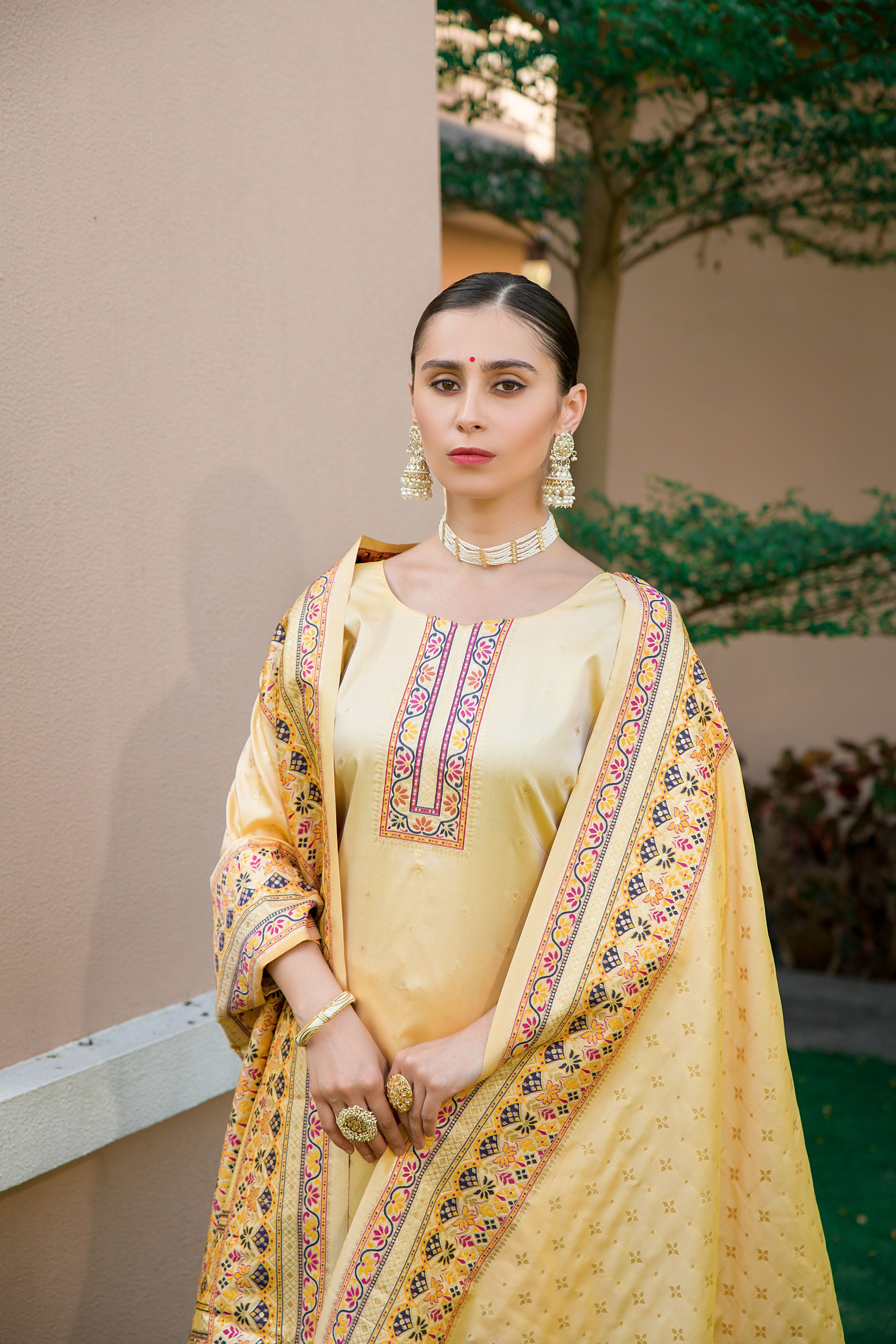 Dark Cream Silk Pashmina Work Salwar Suit ( Unstitched )