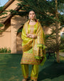 Bitter Lemon Green Silk Pashmina Work Salwar Suit ( Unstitched )