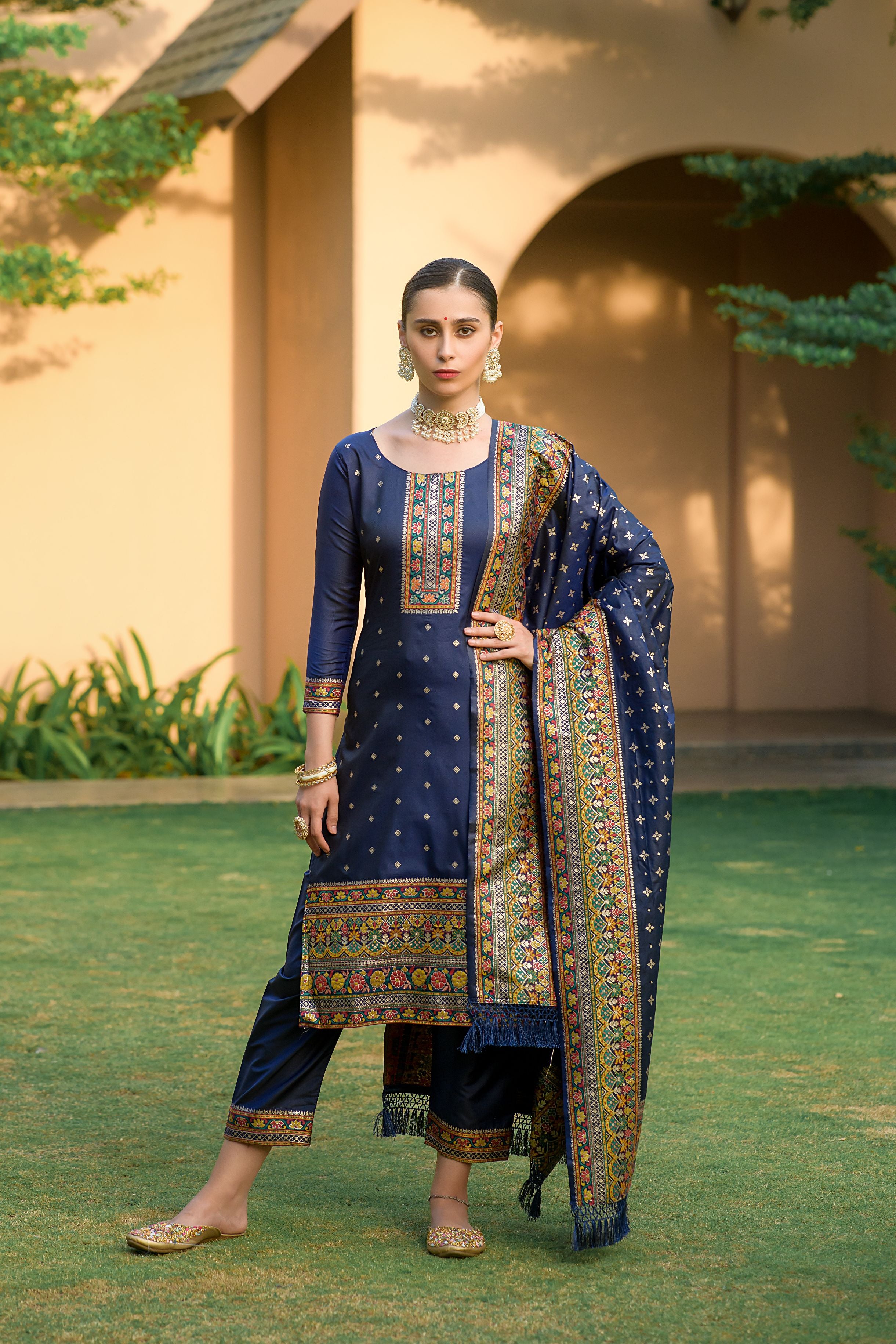 Navy Blue Silk Pashmina Work Salwar Suit ( Unstitched )
