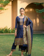 Navy Blue Silk Pashmina Work Salwar Suit ( Unstitched )