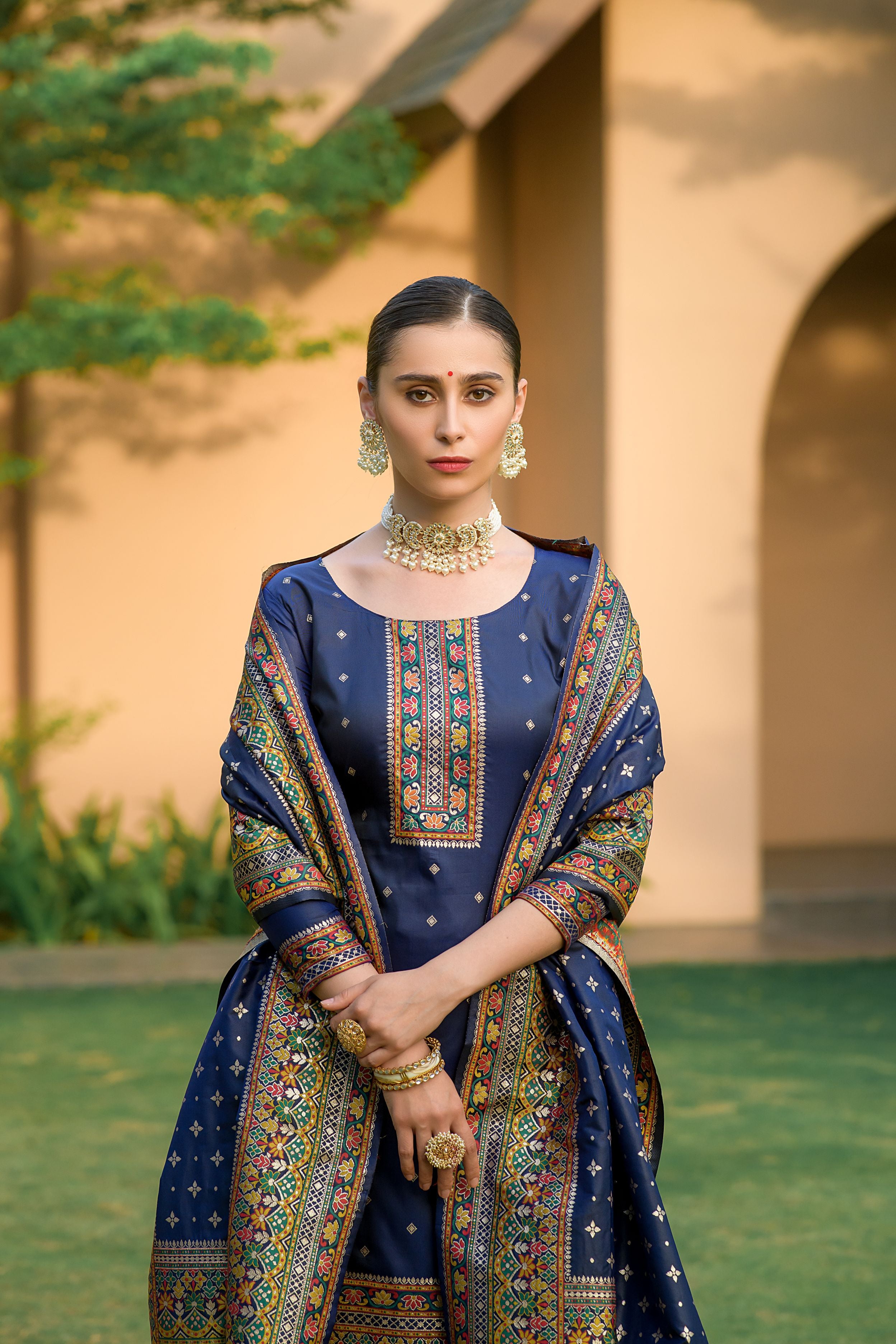 Navy Blue Silk Pashmina Work Salwar Suit ( Unstitched )