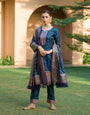 Teal Blue Silk Pashmina Work Salwar Suit ( Unstitched )