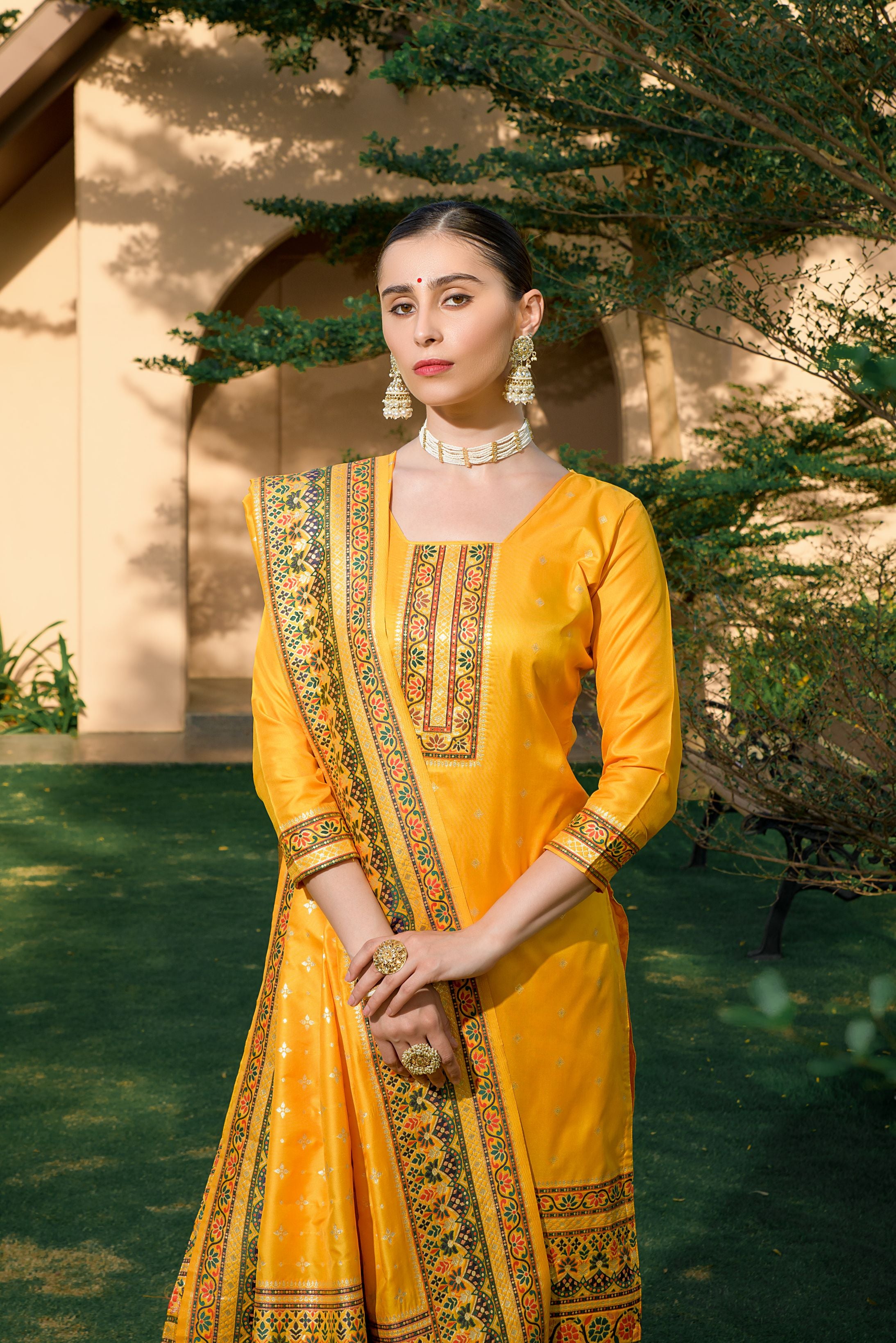 Yellow Silk Pashmina Work Salwar Suit ( Unstitched )