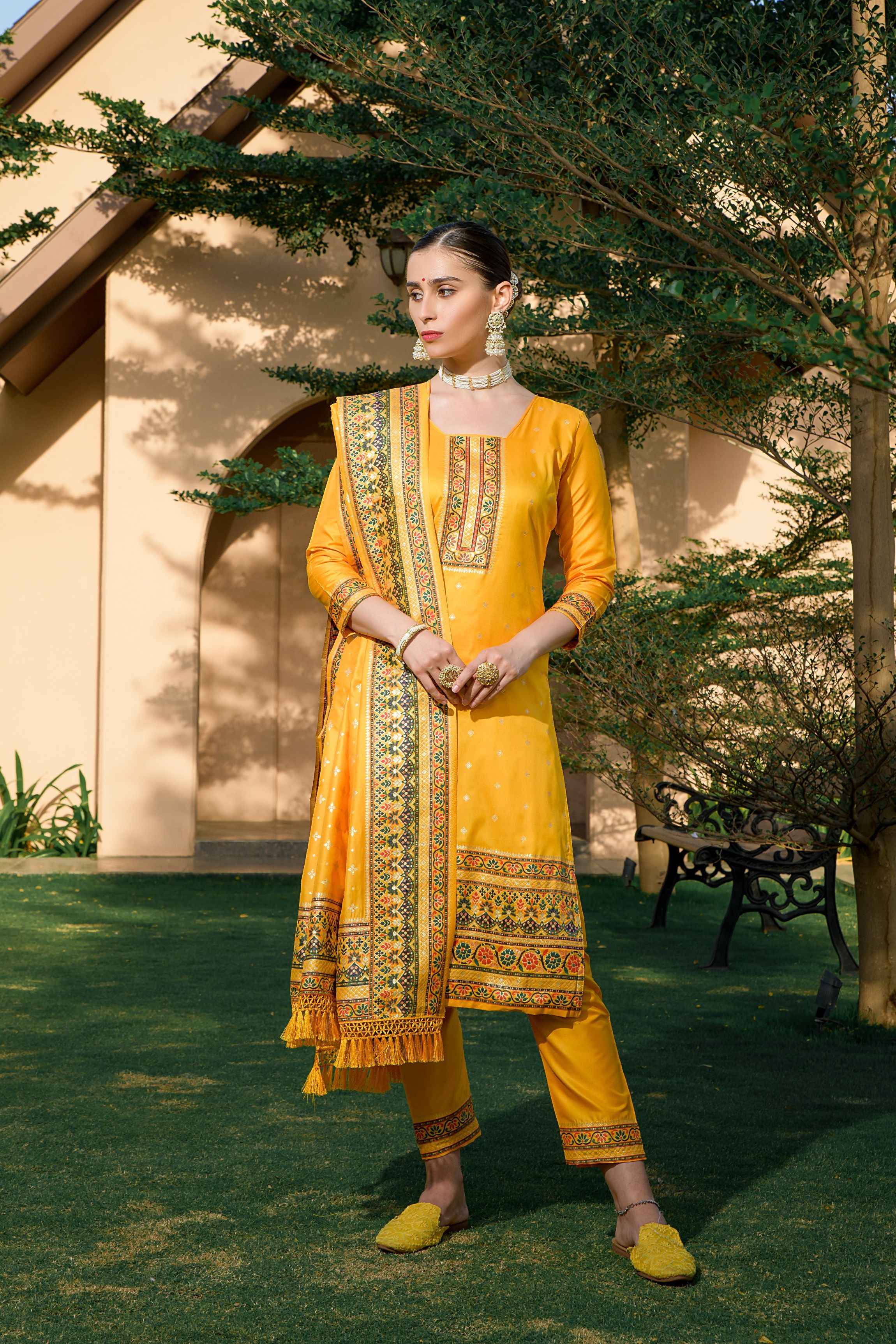 Yellow Silk Pashmina Work Salwar Suit ( Unstitched )