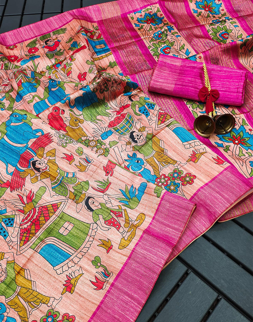 Pink Soft Tussar Silk Saree With Kalamkari Digital Printed Work