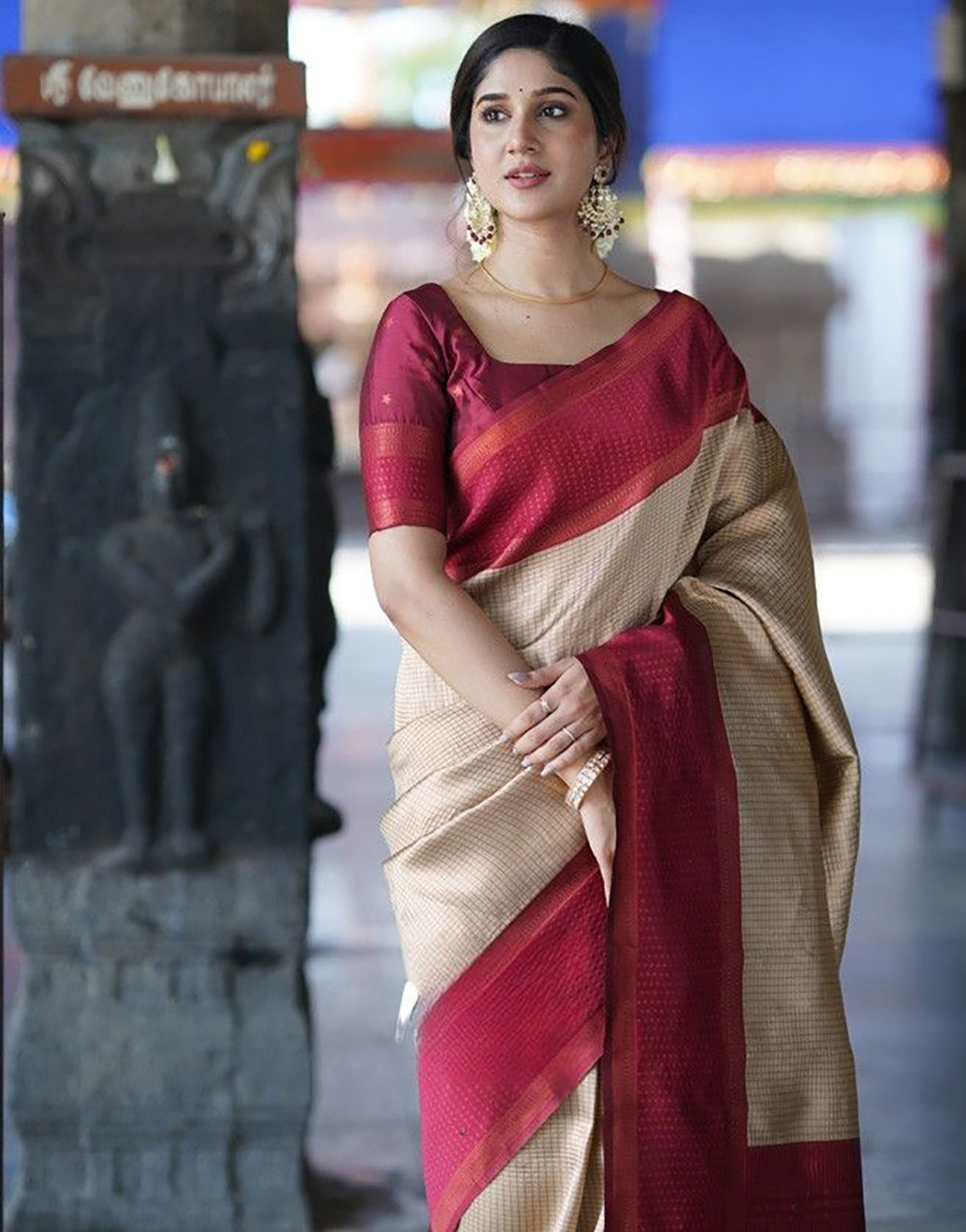 Cream And Red Soft Silk Saree With Zari Weaving
